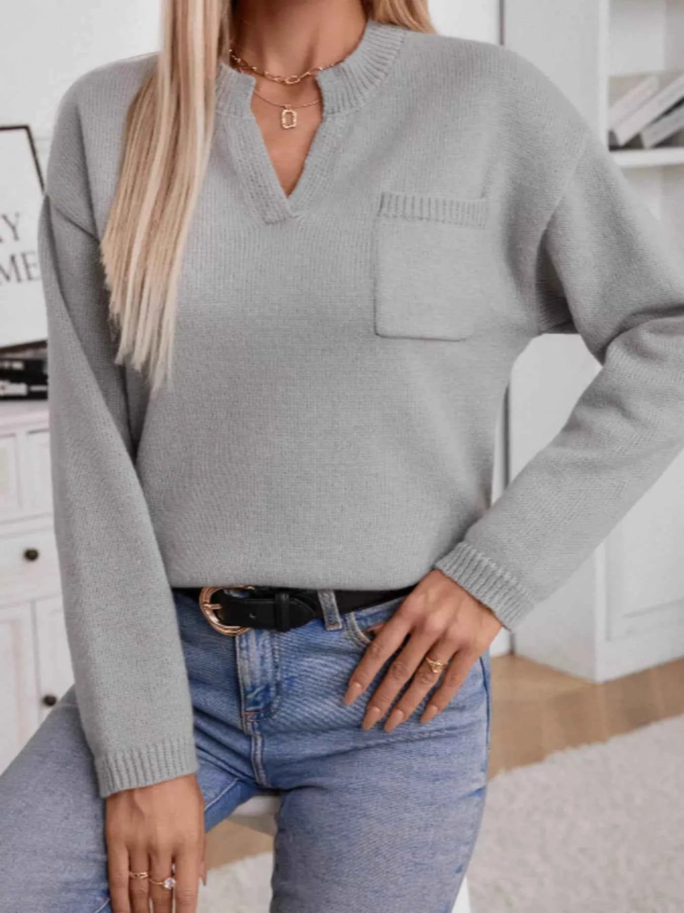 Notched Dropped Shoulder Sweater by Wild and Free Boutique