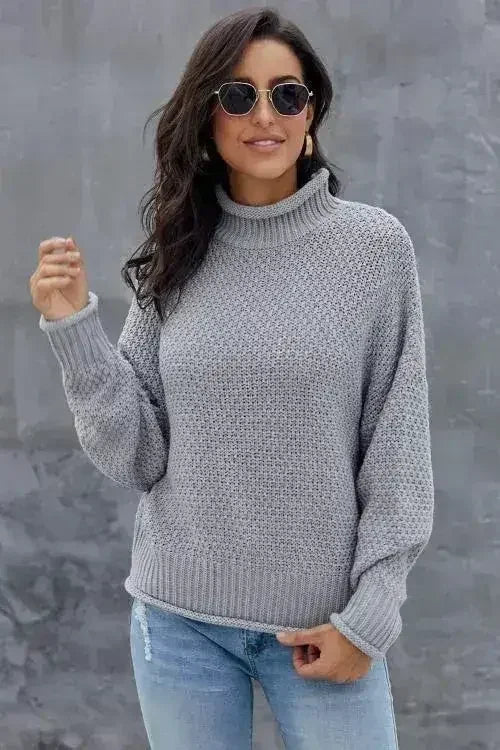 New Gray Chunky Batwing Long Sleeve Turtleneck Sweater by Femstylo