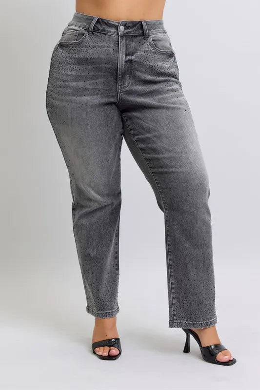 Judy Blue Full Size High Waist Rhinestone Straight Jeans Plus Size by Wild and Free Boutique