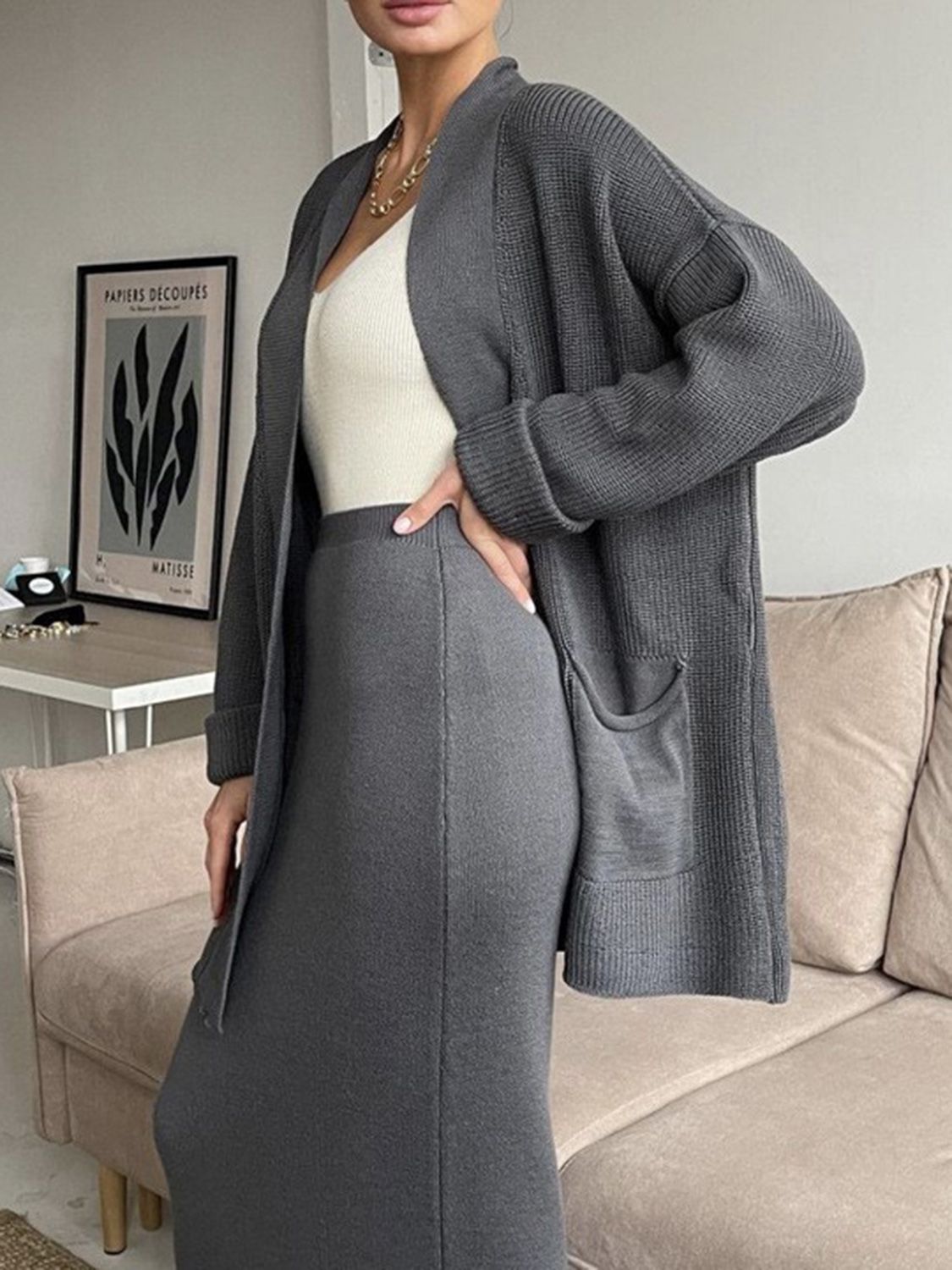 Pocketed Long Sleeve Cardigan and Skirt Sweater Set by Wild and Free Boutique