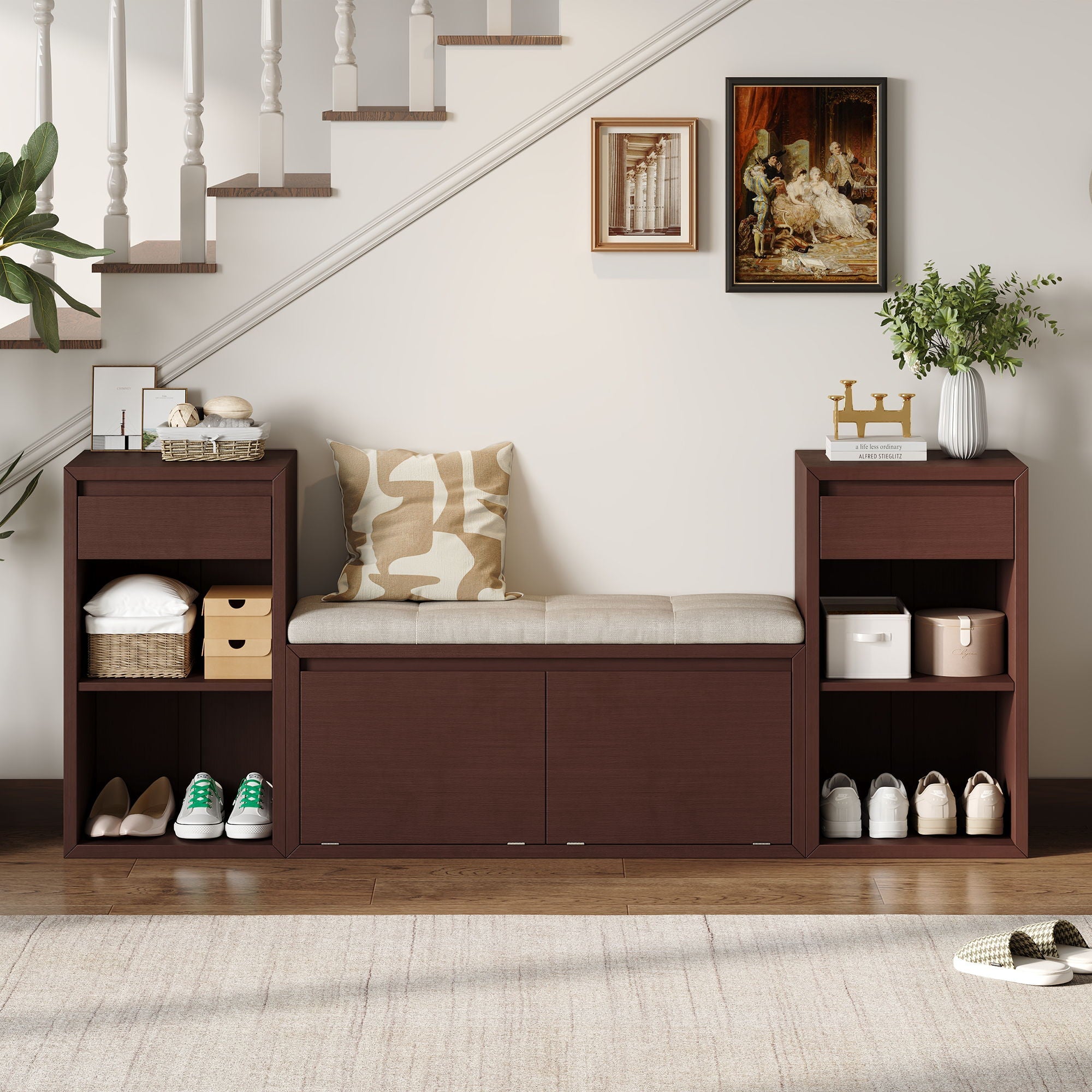 Entryway Storage Bench With Cushion, Drawers & Open Shelves by Unique Piece Furniture