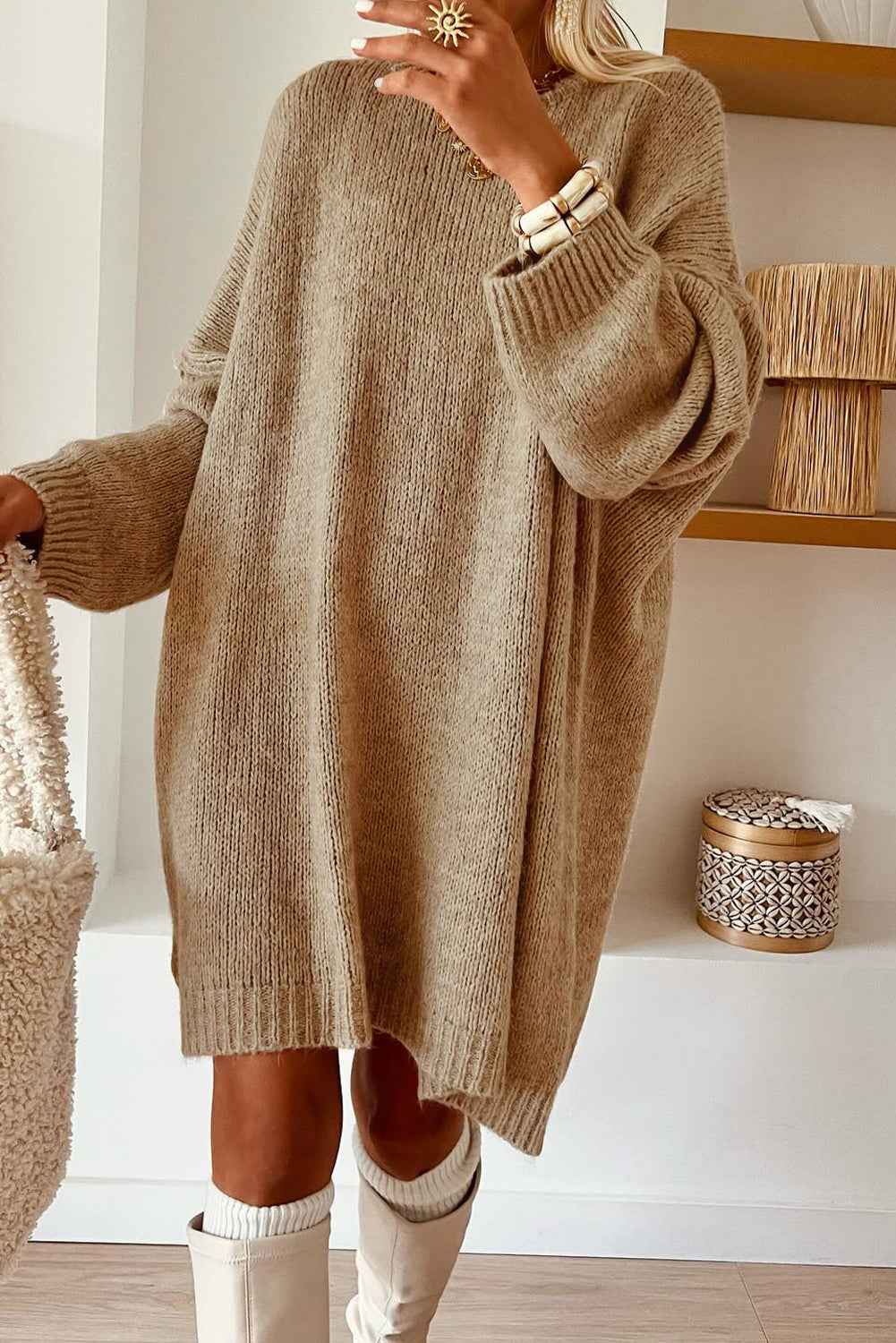 Pale Khaki Oversize Drop Shoulder Slouchy Sweater Dress by Wild and Free Boutique