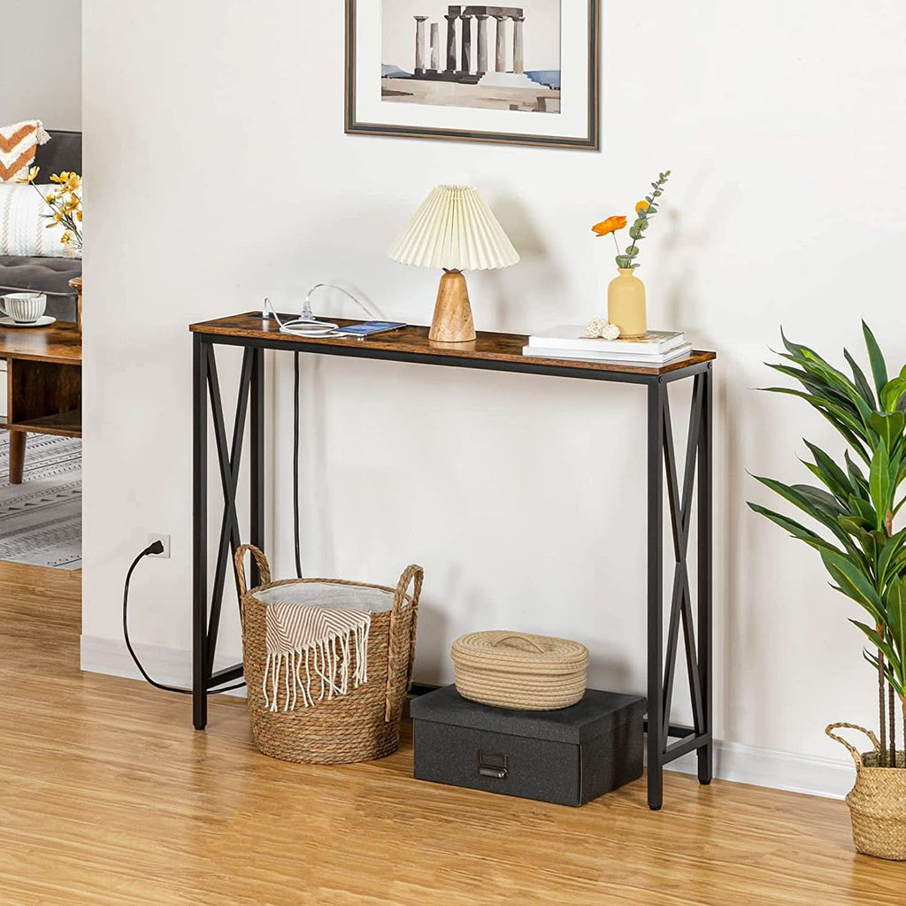 Rustic Brown Sofa Table With Power Outlet And USB Ports by ShipItFurniture