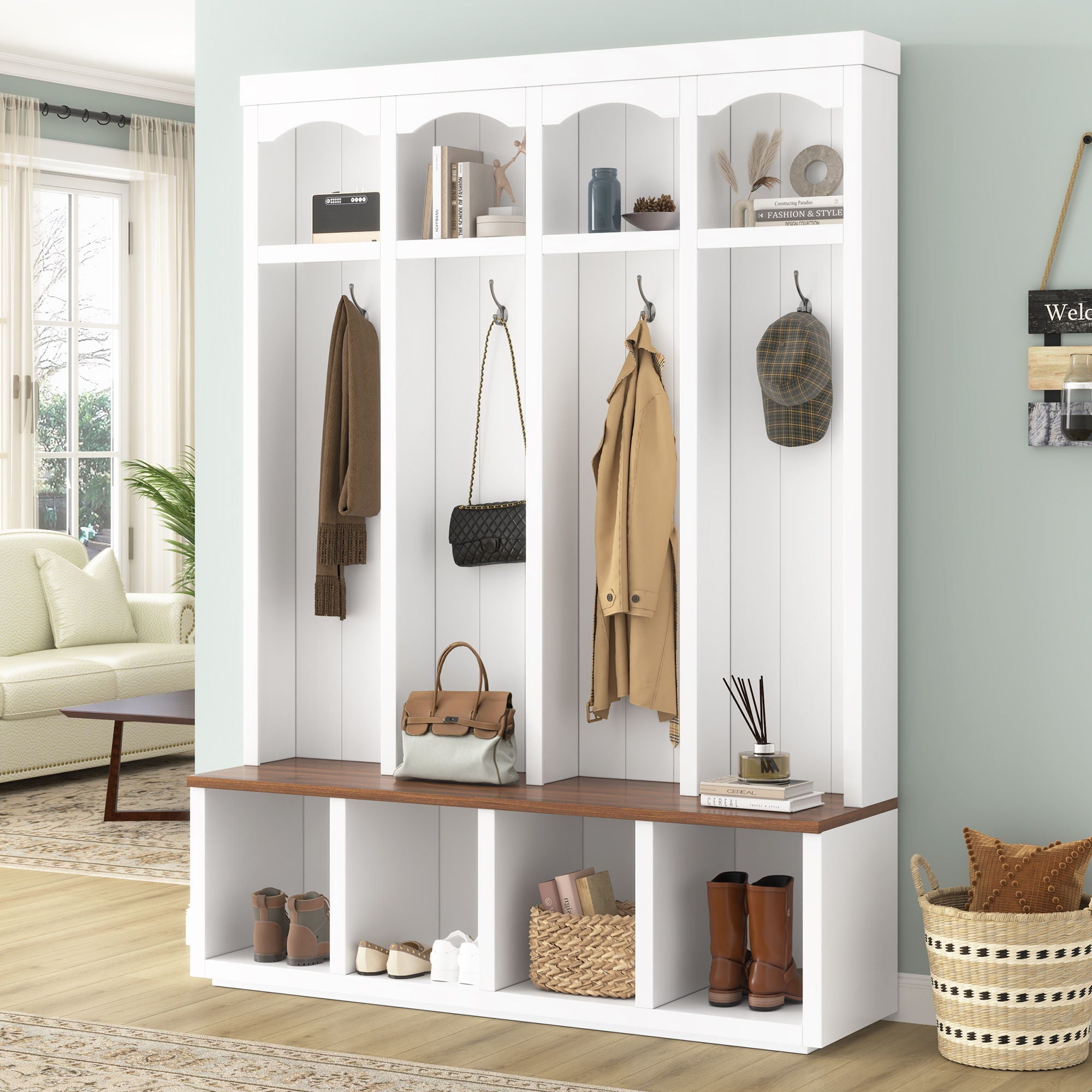 Entryway Hall Tree With Bench, 4 Hooks & Open Storage Space by Unique Piece Furniture