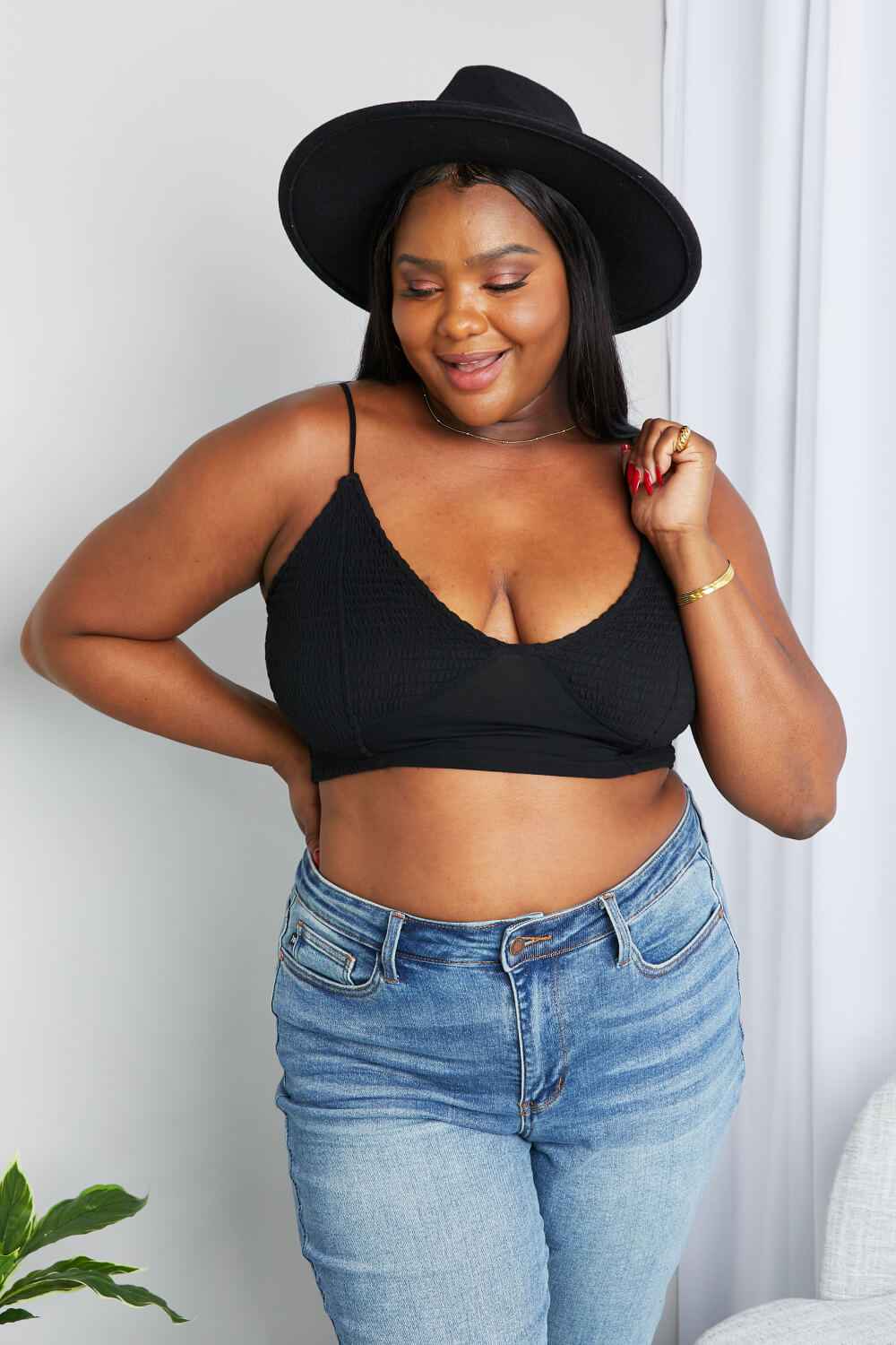 Zenana Full Size Textured Spaghetti Strap Bralette in Black by Wild and Free Boutique