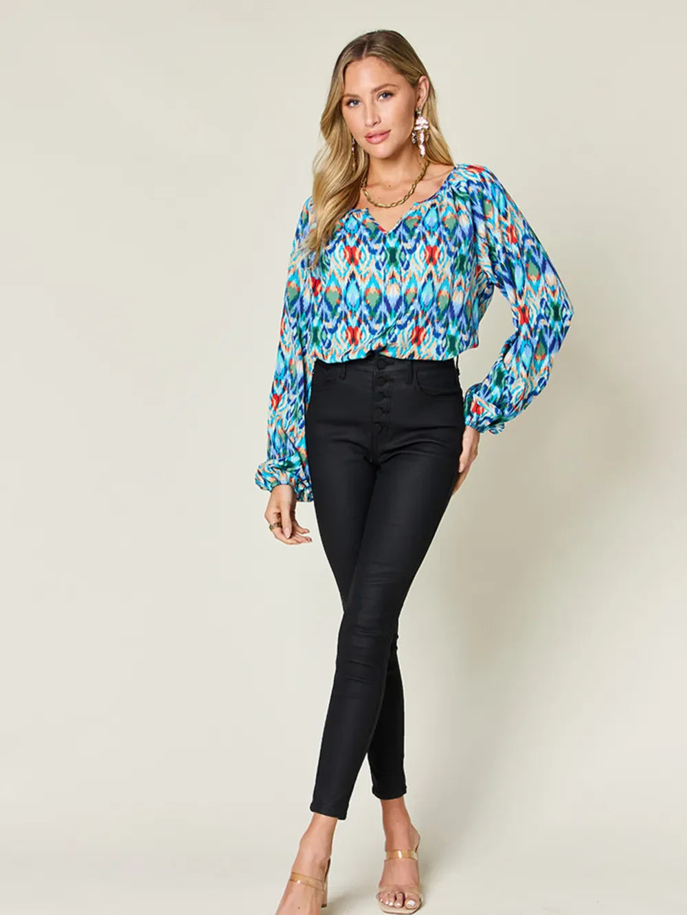 Double Take Full Size Printed Balloon Sleeve Blouse by Wild and Free Boutique