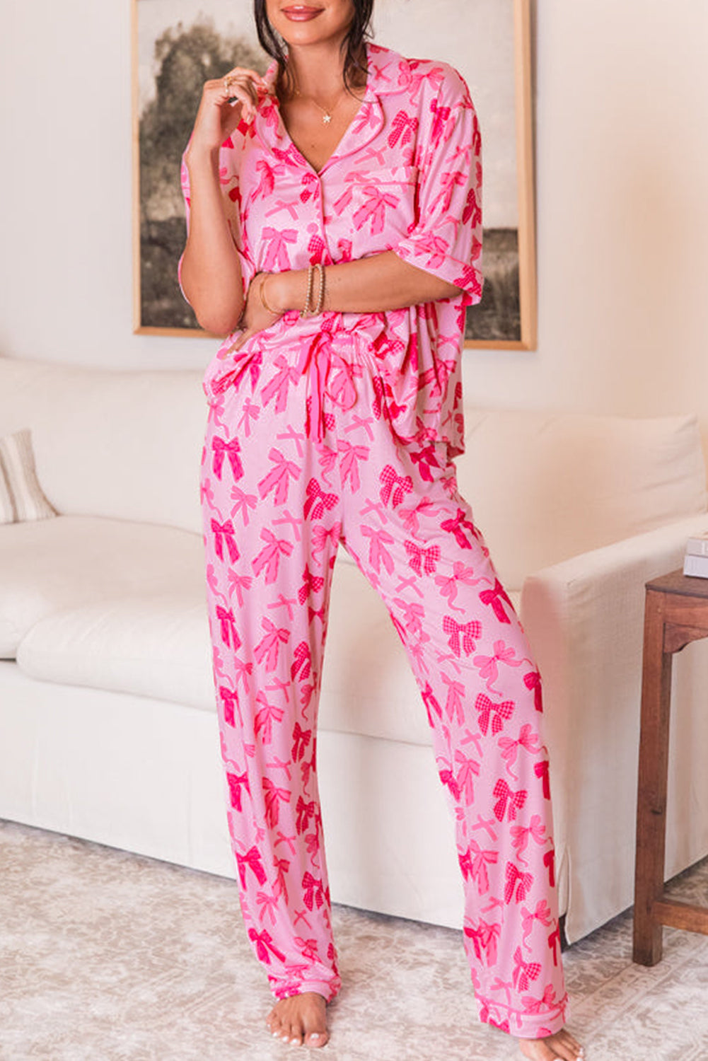 Pink Bow Knot Print Lapel Collar Short Sleeve and Pants Pajamas Set by Dear-Lover Dropshipping