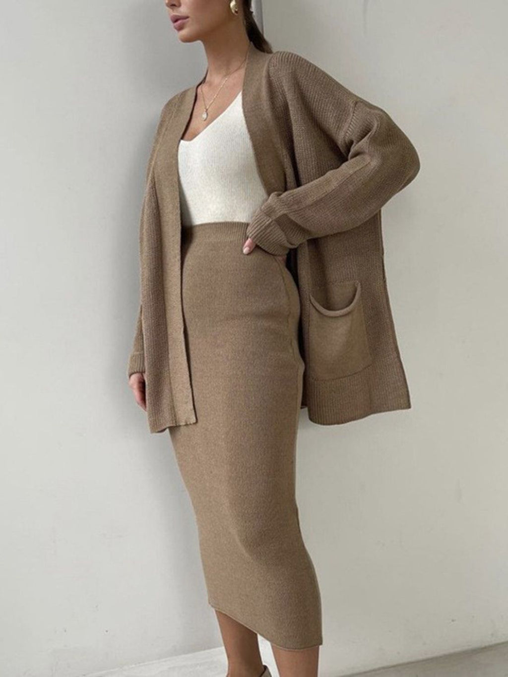 Pocketed Long Sleeve Cardigan and Skirt Sweater Set by Wild and Free Boutique