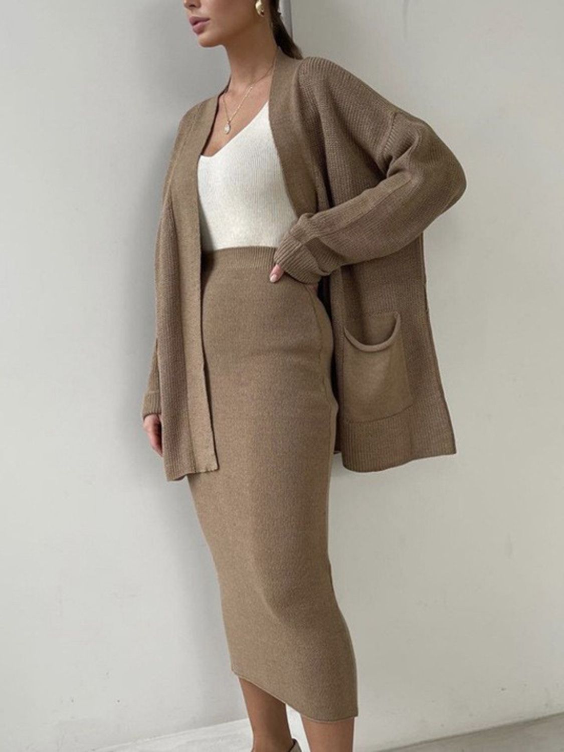 Pocketed Long Sleeve Cardigan and Skirt Sweater Set by Wild and Free Boutique