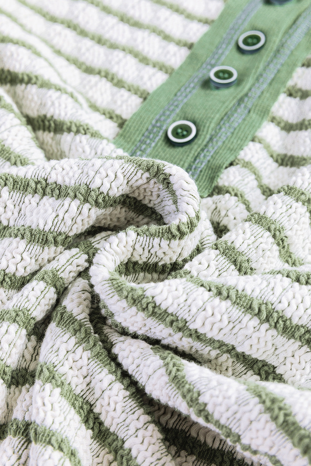 Green Stripe Textured Frilly Trim Buttons Henley Long Sleeve Top by Wild and Free Boutique