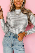 Gray Stripe Ribbed High Neck Slim Fit Long Sleeve Top by Wild and Free Boutique