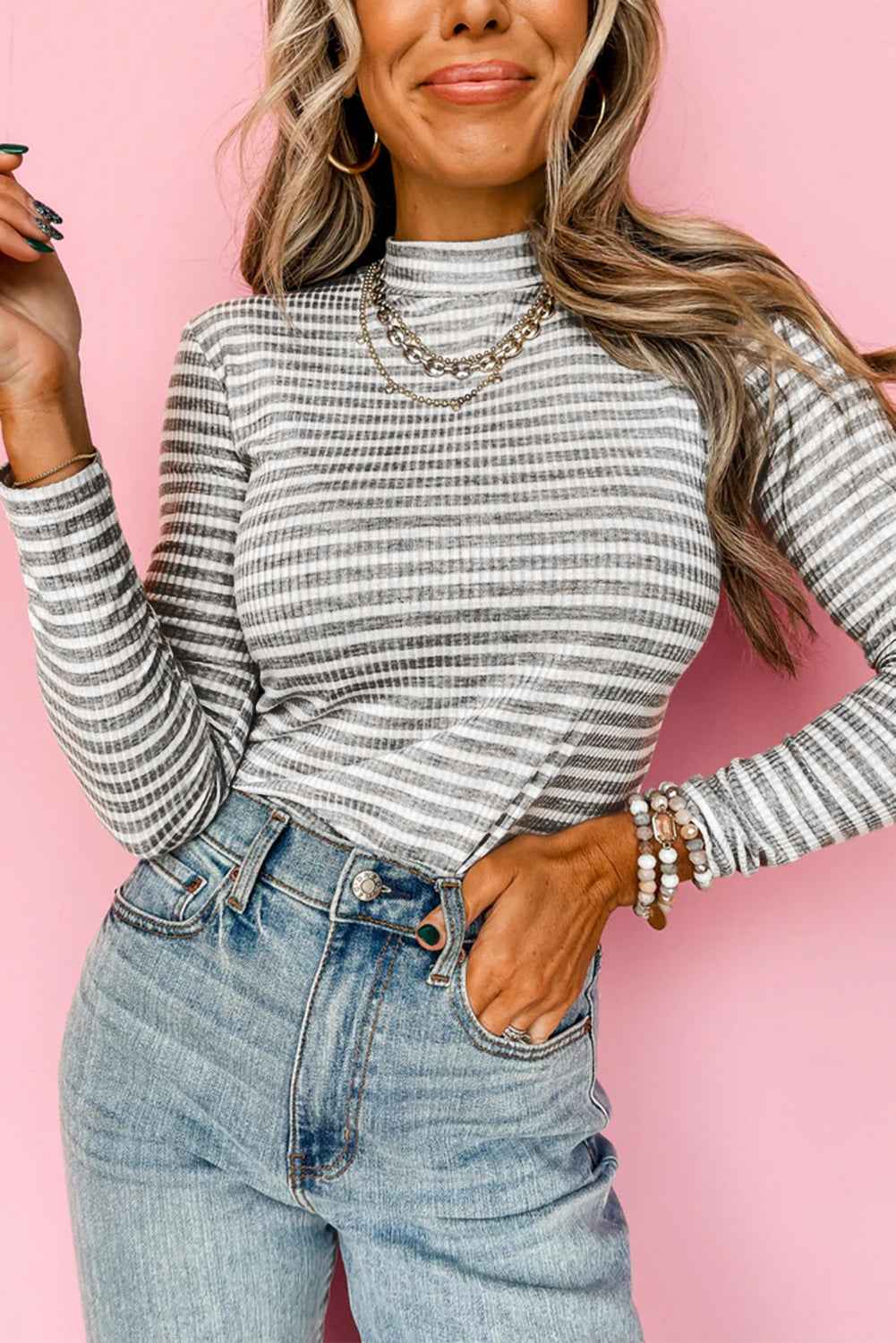 Gray Stripe Ribbed High Neck Slim Fit Long Sleeve Top by Wild and Free Boutique
