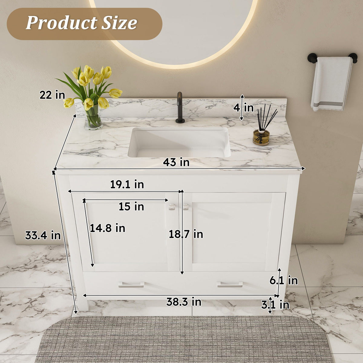 43" Bathroom Vanity, Multi Functional Cabinet - White by Unique Piece Furniture
