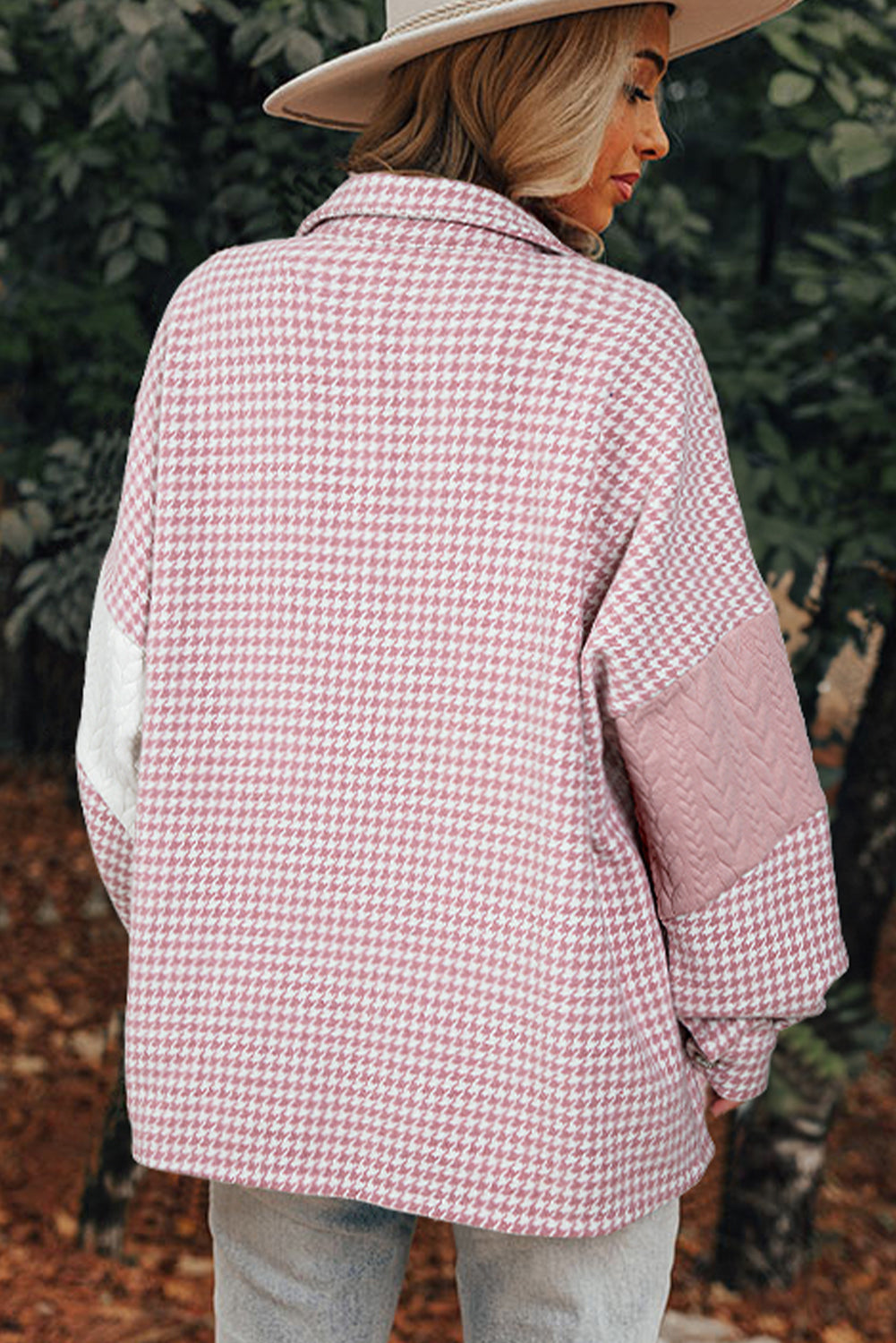 Pink Houndstooth Textured Patchwork Loose Shacket by Wild and Free Boutique