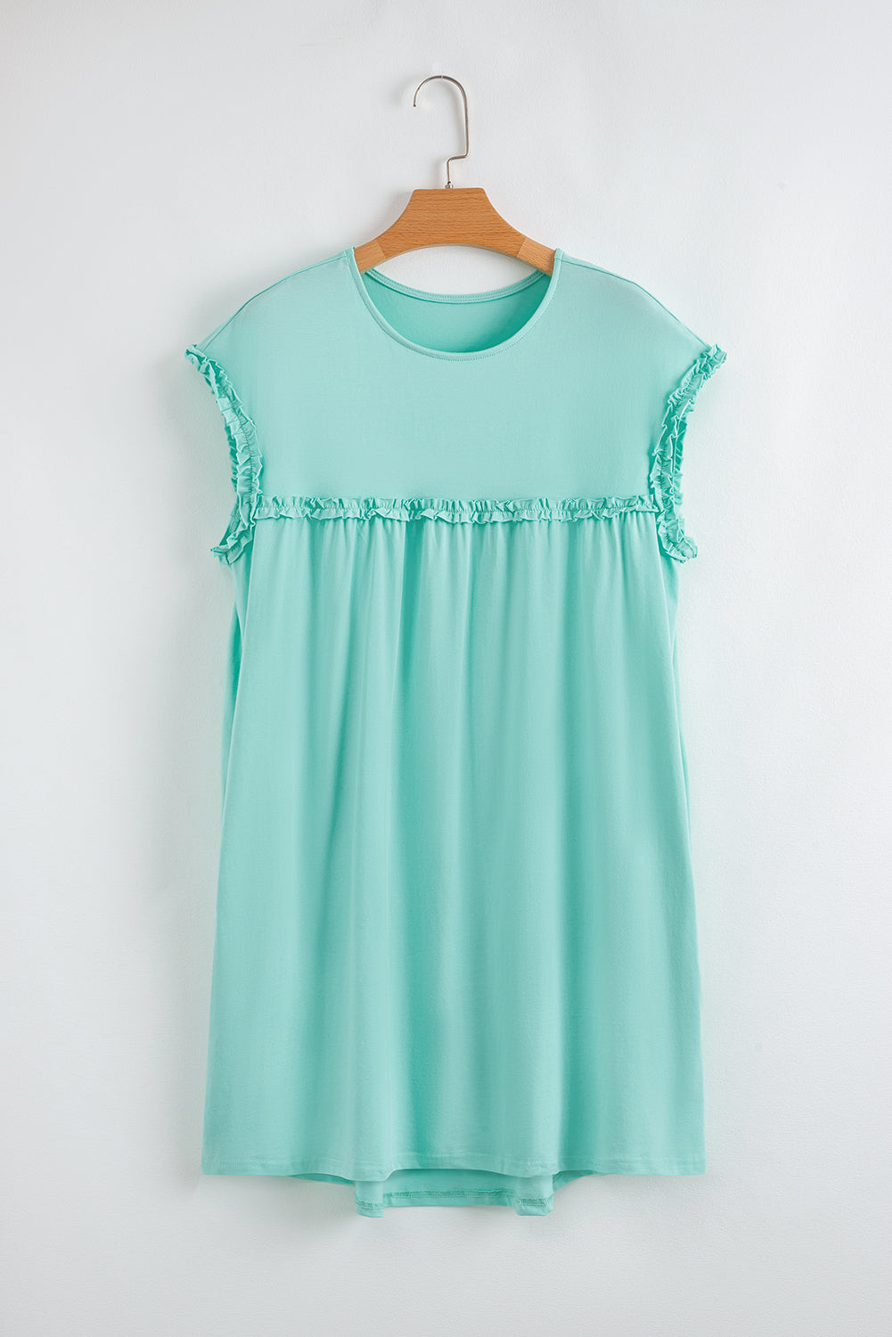 Mint Green Frilled Trim Crewneck Loose Fit Mini Dress by Wild and Free Boutique