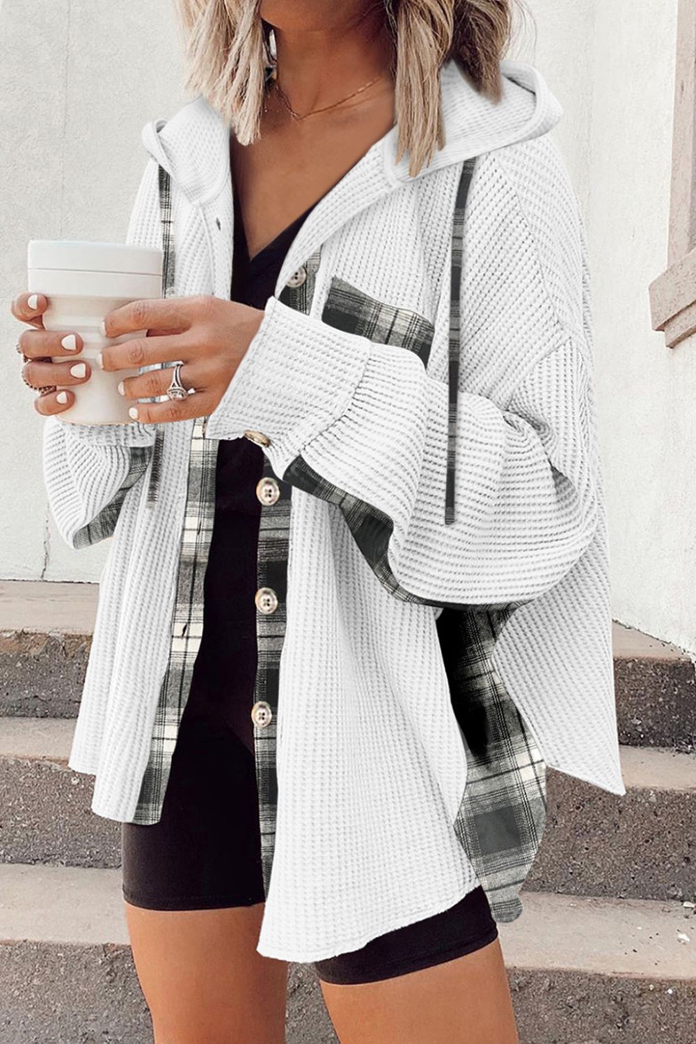 Waffle Knit Plaid Patchwork Drawstring Hooded Shacket by Wild and Free Boutique