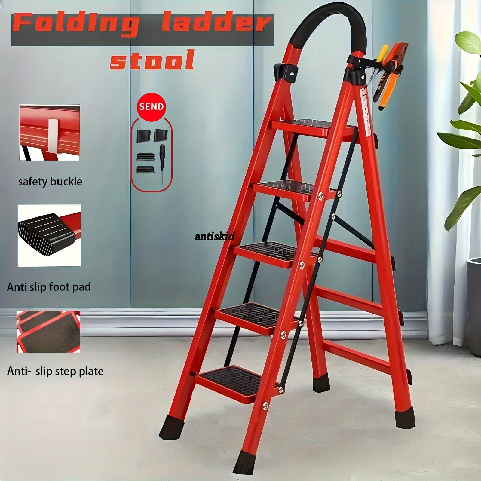 Folding 3/4-Step Ladder – Portable Steel Step Stool, Anti-Slip by DailySale
