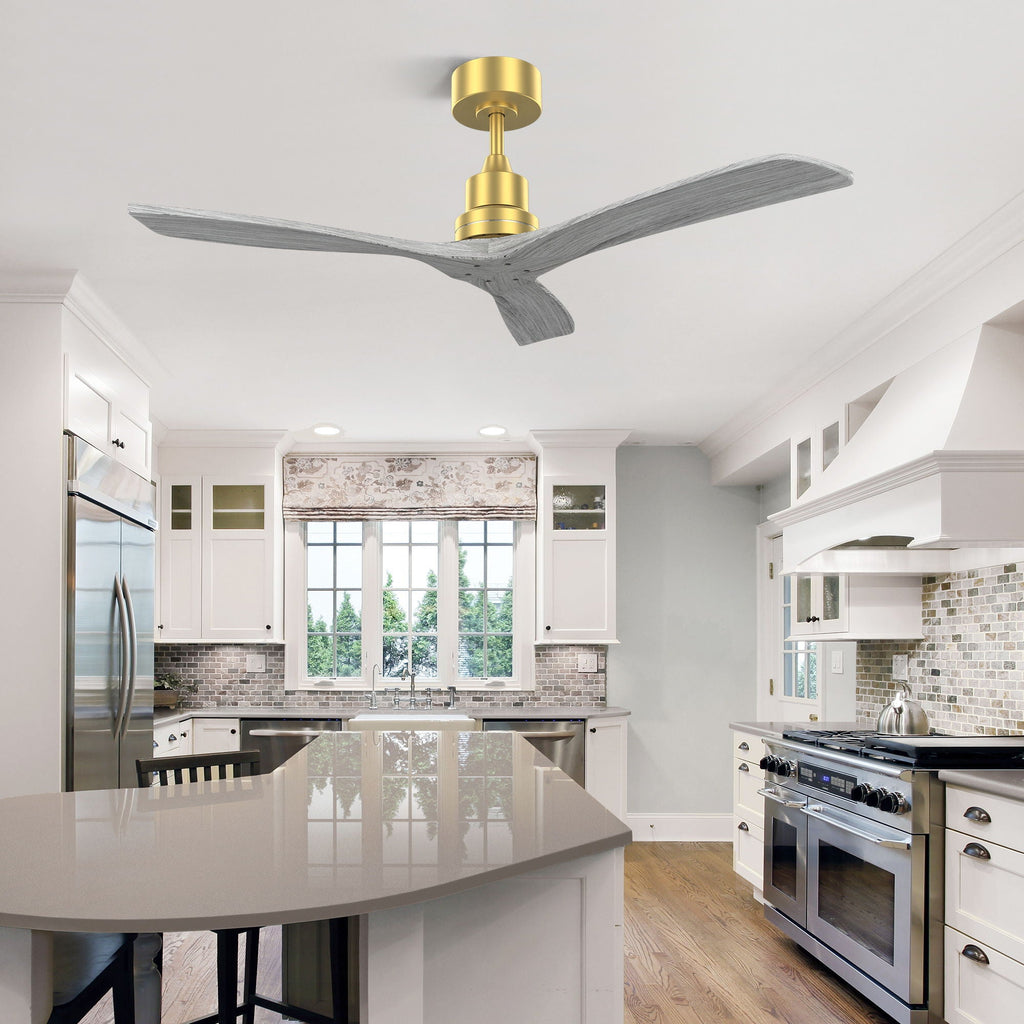 Indoor Ceiling Fan Without Light 3 Solid Wood Blades Remote Control Reversible Dc Motor - Gold by Unique Piece Furniture