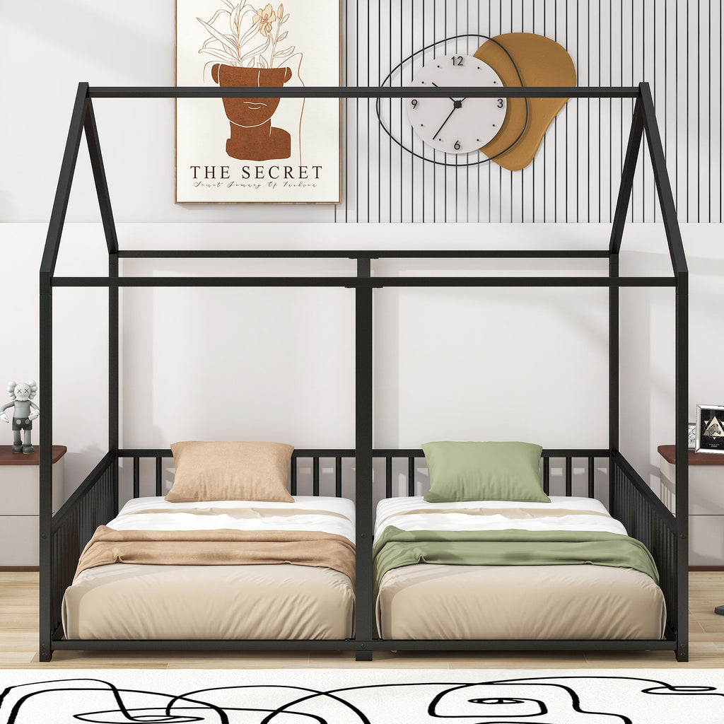House Platform Beds, 2 Shared Beds, Metal Frame With Guardrails by Unique Piece Furniture