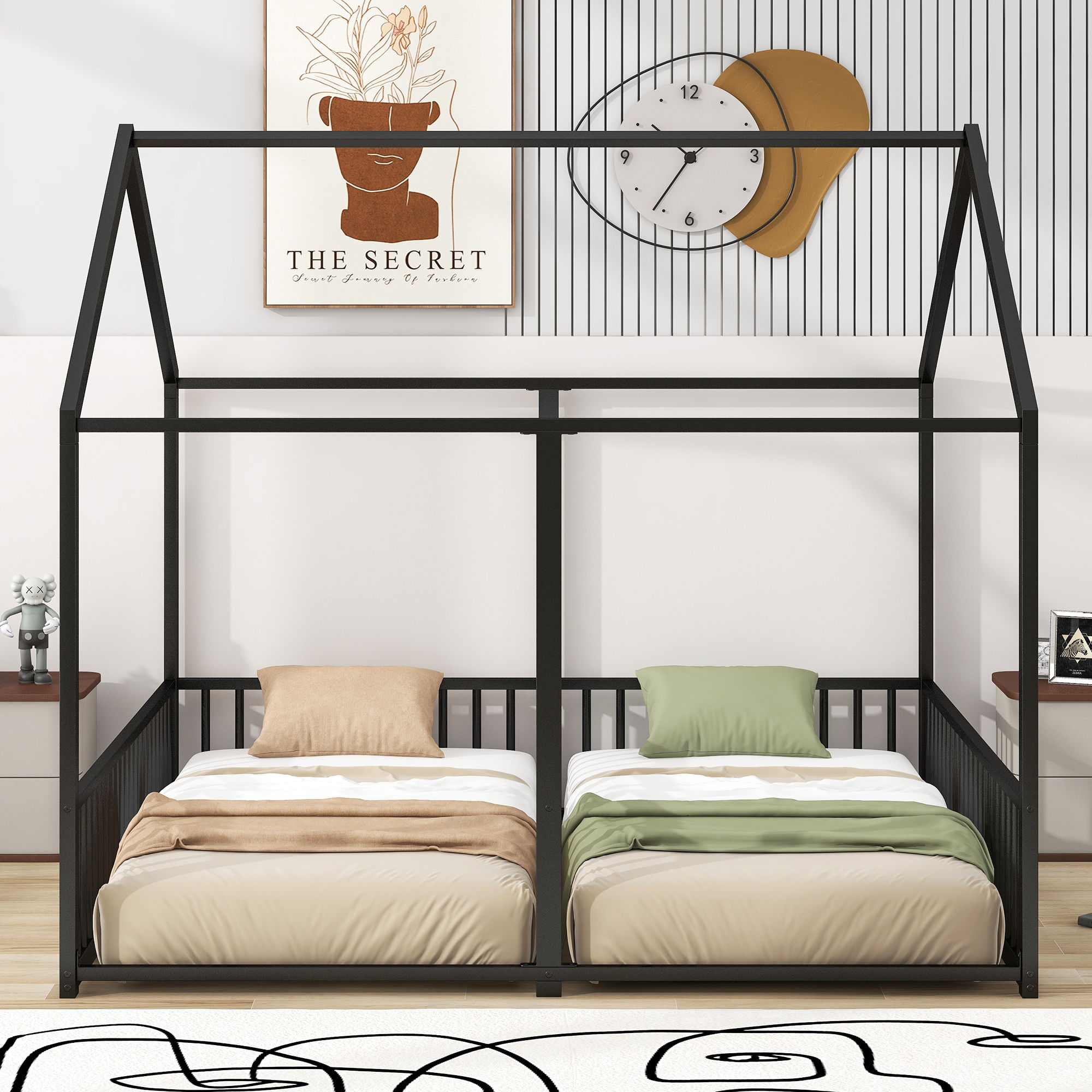 House Platform Beds, 2 Shared Beds, Metal Frame With Guardrails by Unique Piece Furniture