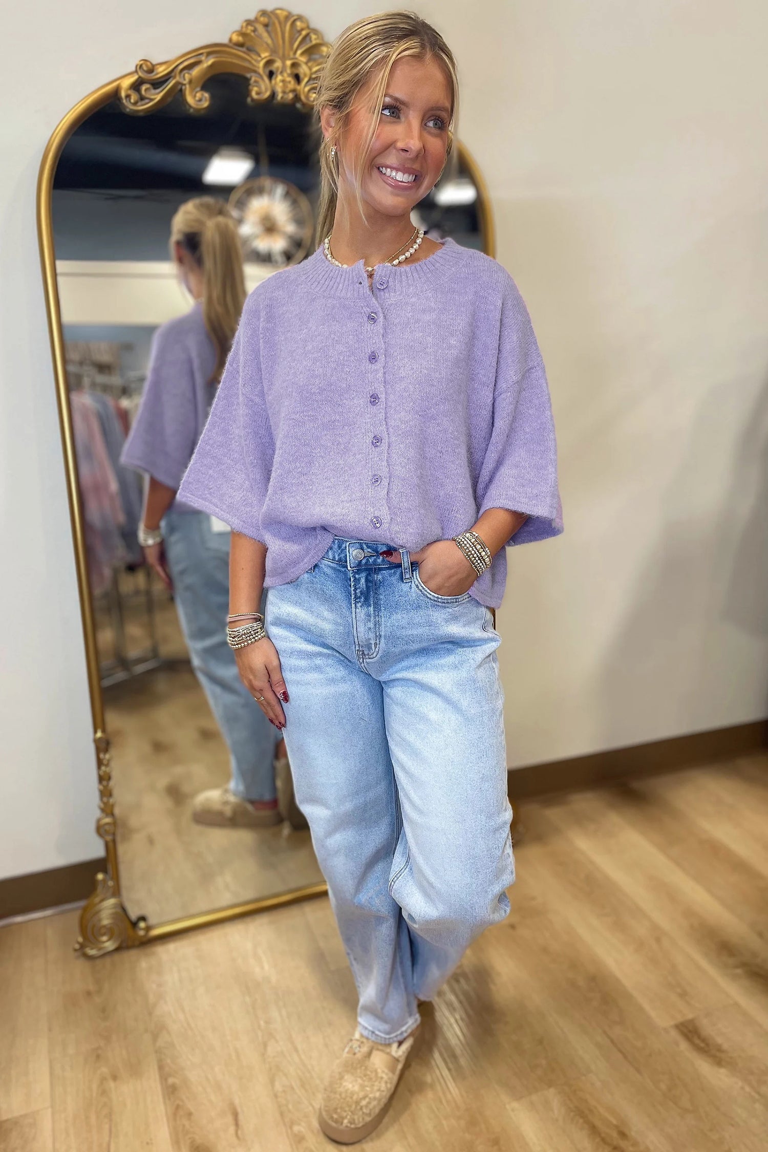 Beau Blue 3/4 Sleeve Boxy Knit Button Down Sweater Cardigan by Wild and Free Boutique