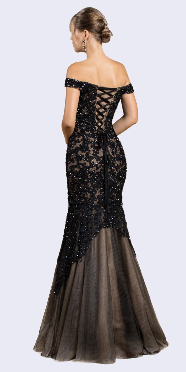 Cinderella Divine A0401 Off-Shoulder Mermaid Dress Lace Overlay Tulle Skirt by DiscountDressShop
