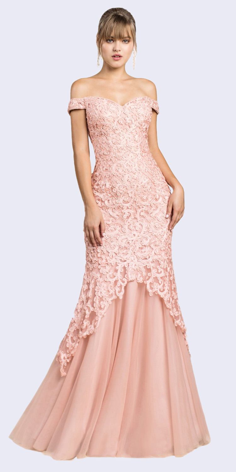 Cinderella Divine A0401 Off-Shoulder Mermaid Dress Lace Overlay Tulle Skirt by DiscountDressShop