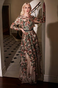 Andrea & Leo A0926 Long Sleeved Evening Gown with Floral Appliques by DiscountDressShop