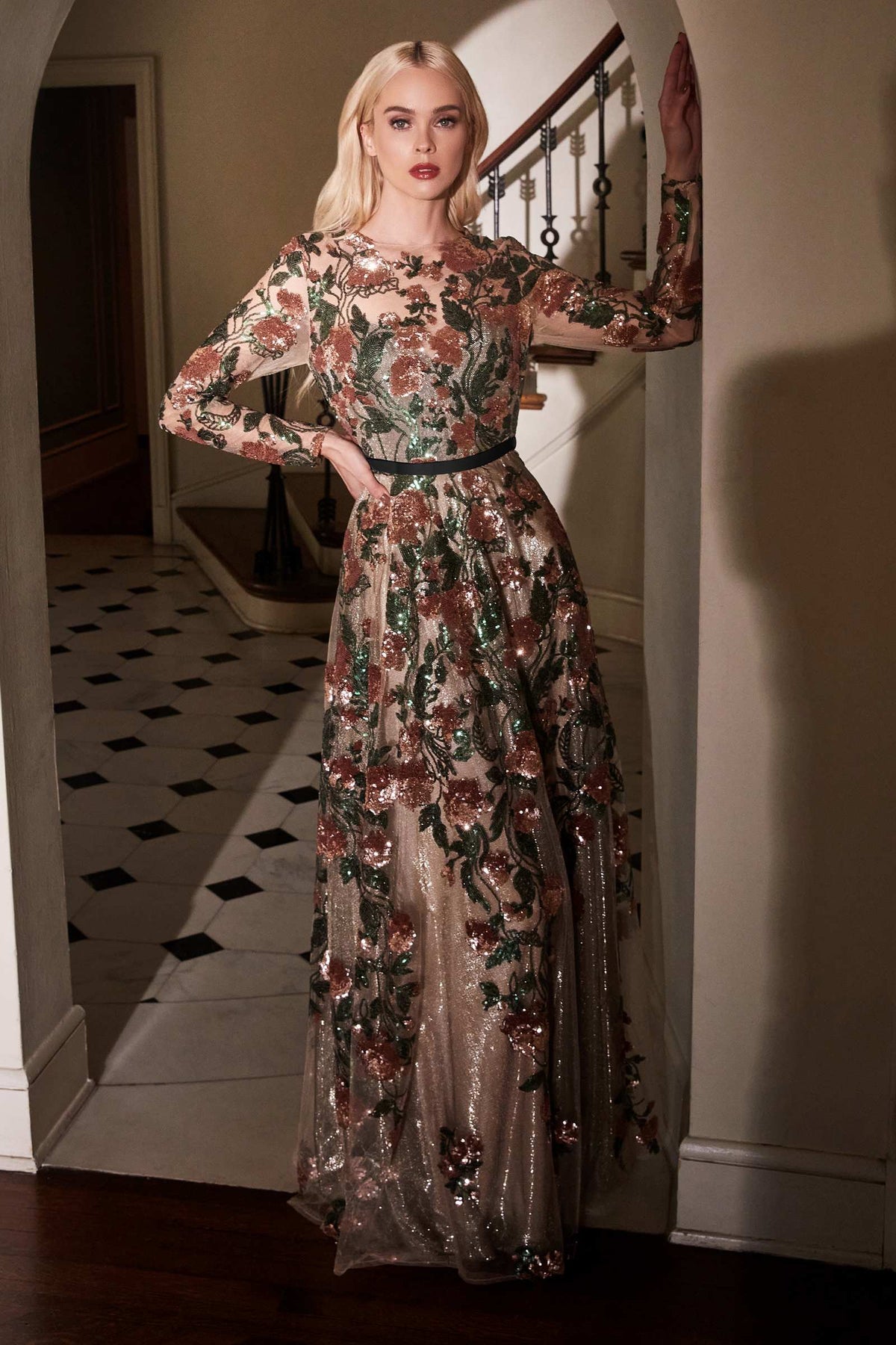 Andrea & Leo A0926 Long Sleeved Evening Gown with Floral Appliques by DiscountDressShop