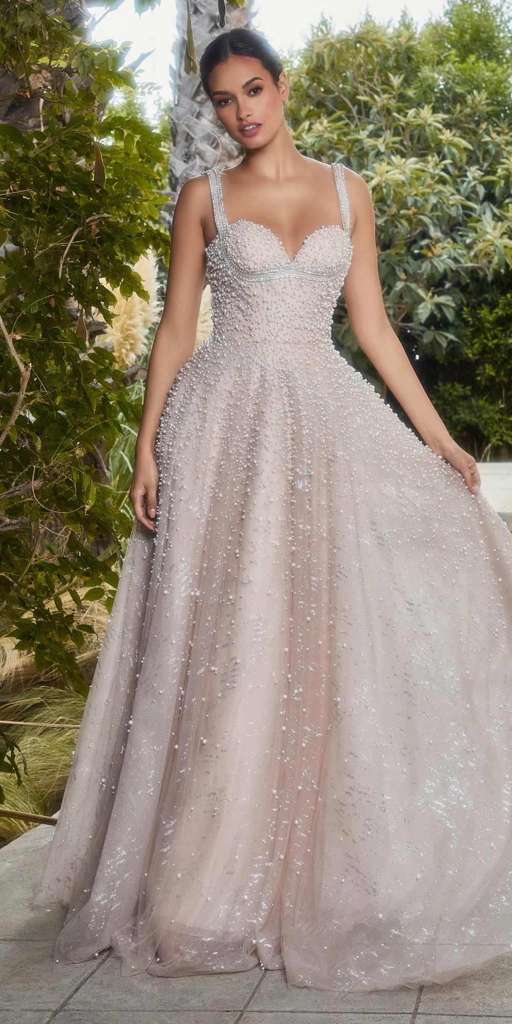 Andrea & Leo A1180 Long Pearleque Ball Gown with Crystal Strap by DiscountDressShop