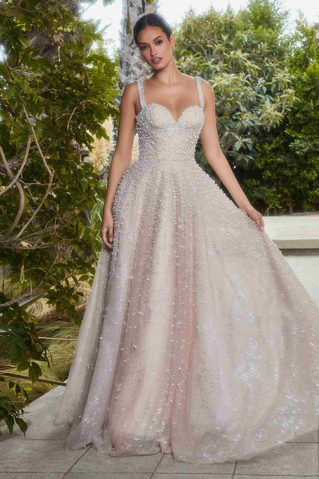 Andrea & Leo A1180 Long Pearleque Ball Gown with Crystal Strap by DiscountDressShop