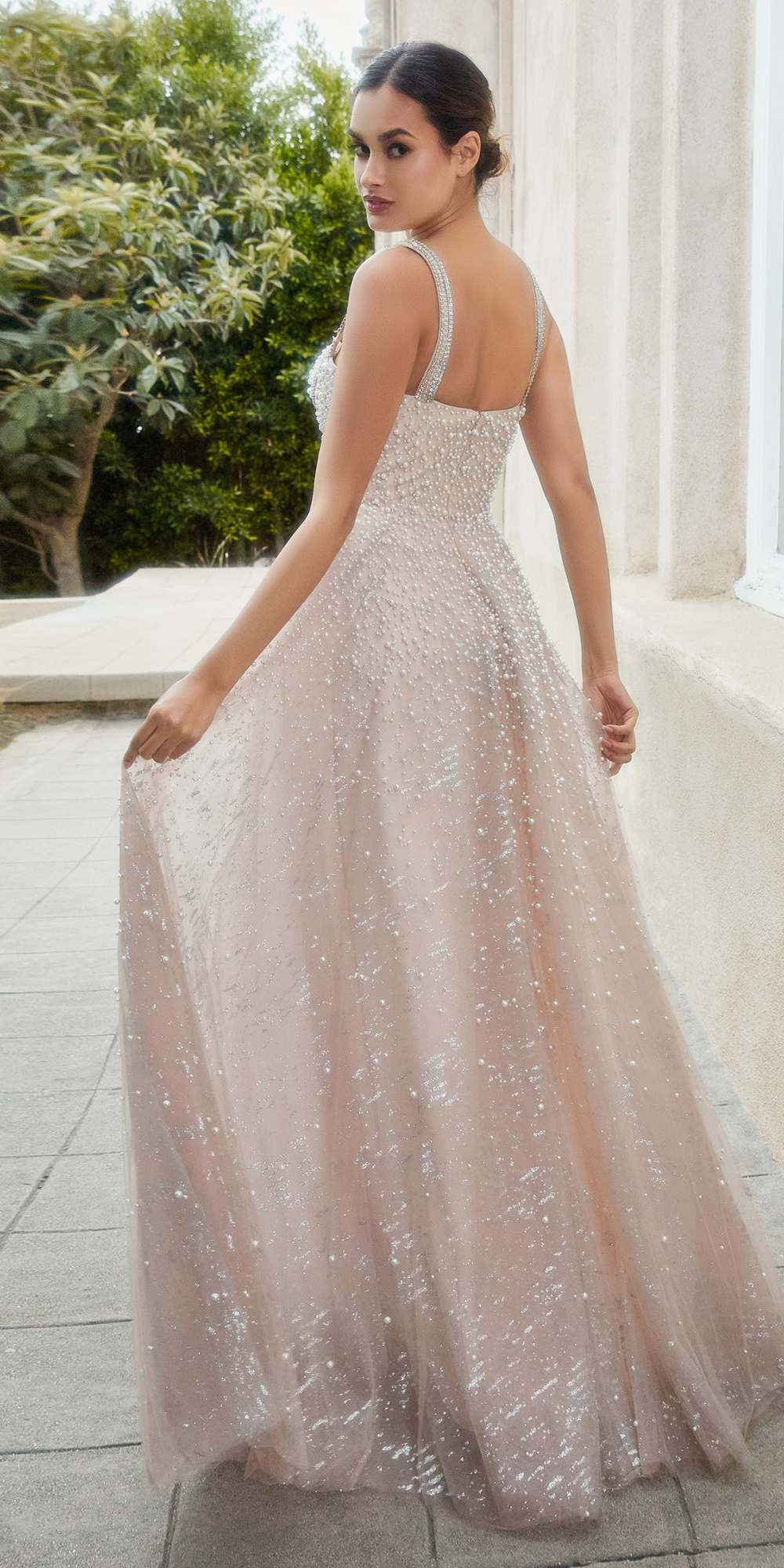 Andrea & Leo A1180 Long Pearleque Ball Gown with Crystal Strap by DiscountDressShop