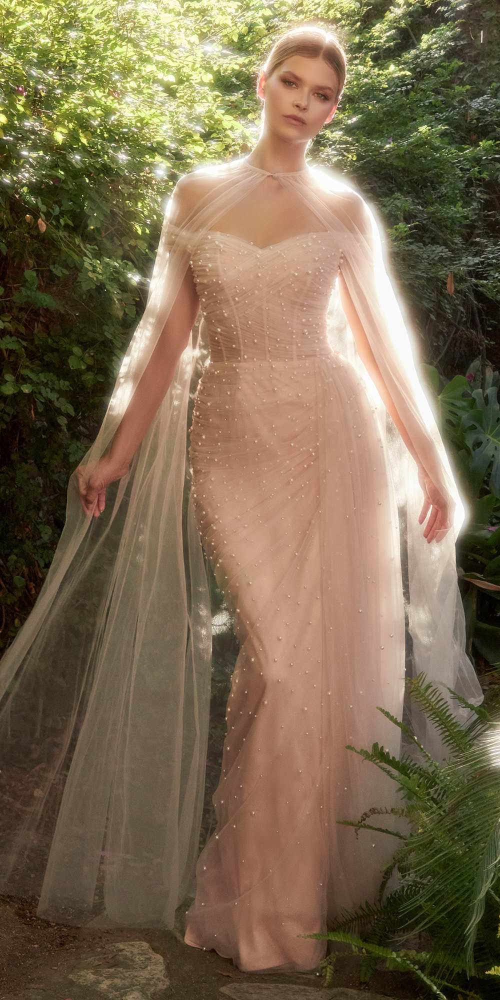 Andrea & Leo A1219 Floor Length Pearl Pleated Tulle Gown with Cape by DiscountDressShop