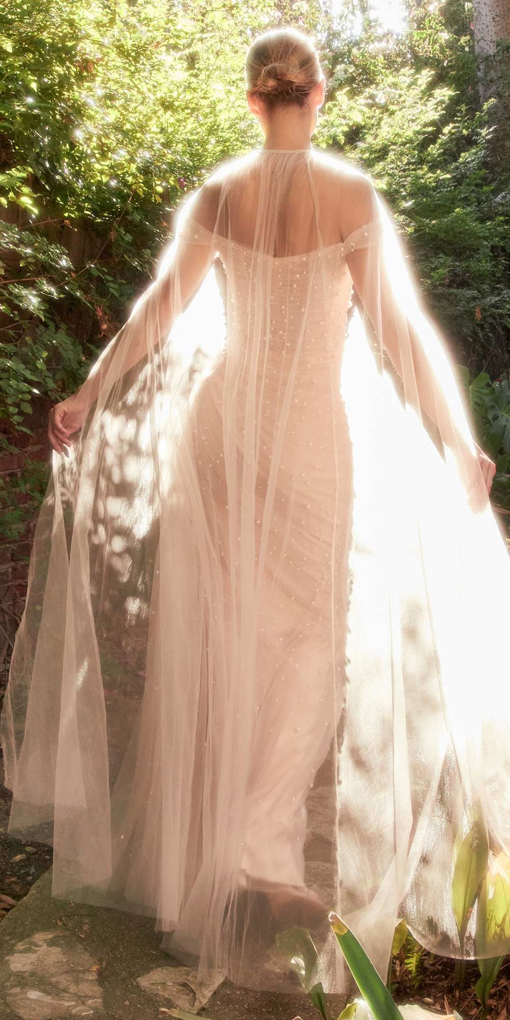 Andrea & Leo A1219 Floor Length Pearl Pleated Tulle Gown with Cape by DiscountDressShop