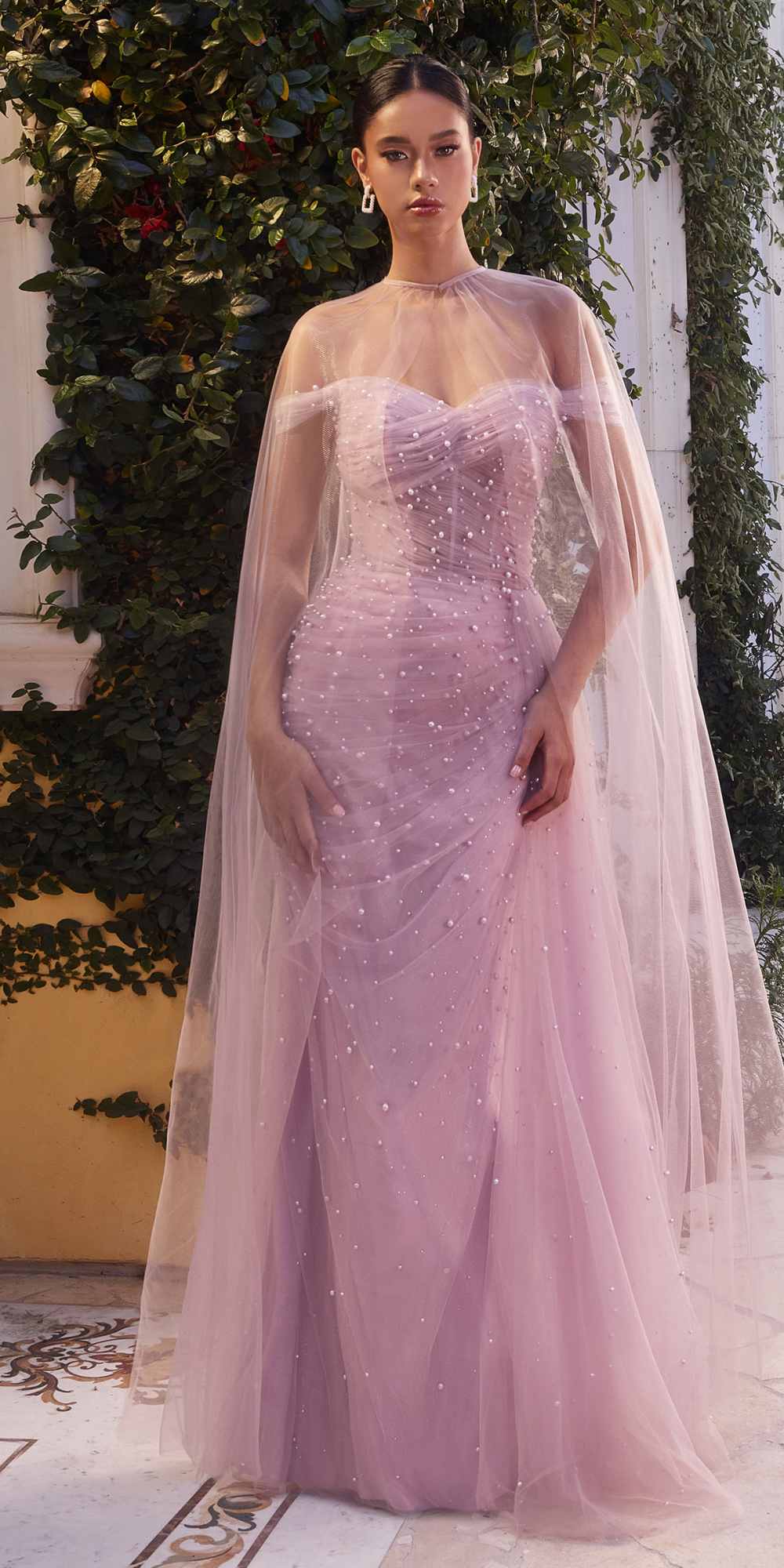 Andrea & Leo A1219 Floor Length Pearl Pleated Tulle Gown with Cape by DiscountDressShop