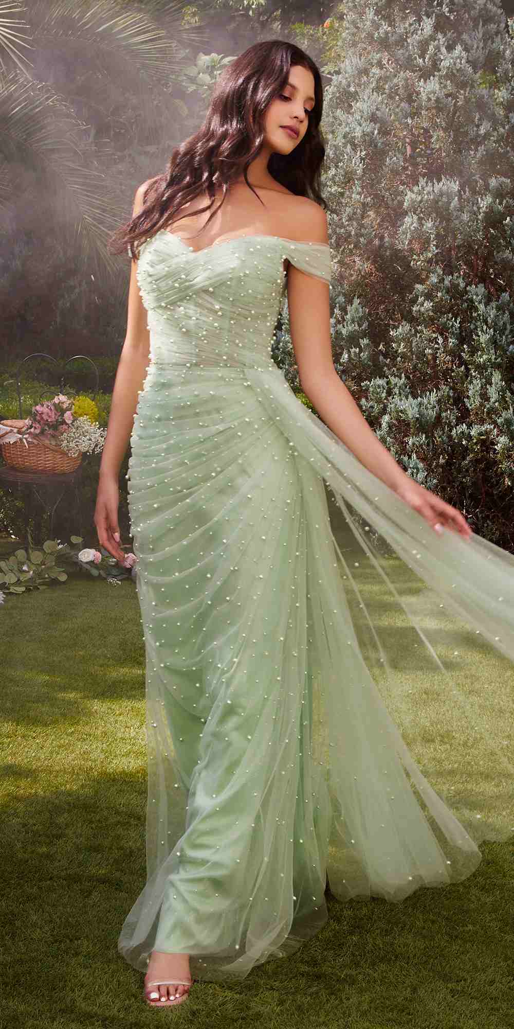 Andrea & Leo A1219 Floor Length Pearl Pleated Tulle Gown with Cape by DiscountDressShop