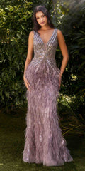 Andrea & Leo A1273 Long Bead and Feather Embellish V-Neck Formal Gown by DiscountDressShop