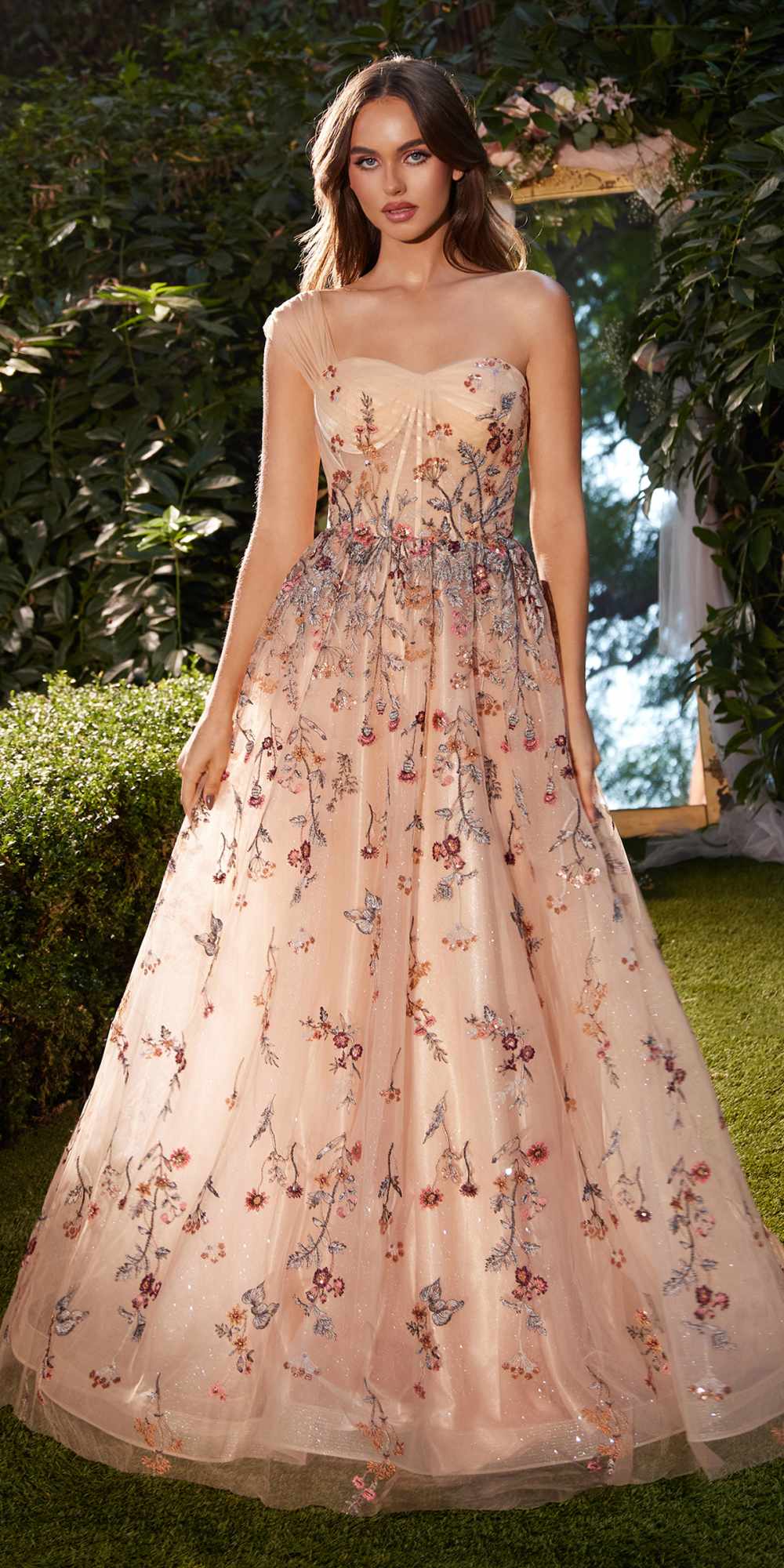 Andrea & Leo A1289 Long One Shoulder Floral Embroidered A-Line Gown by DiscountDressShop
