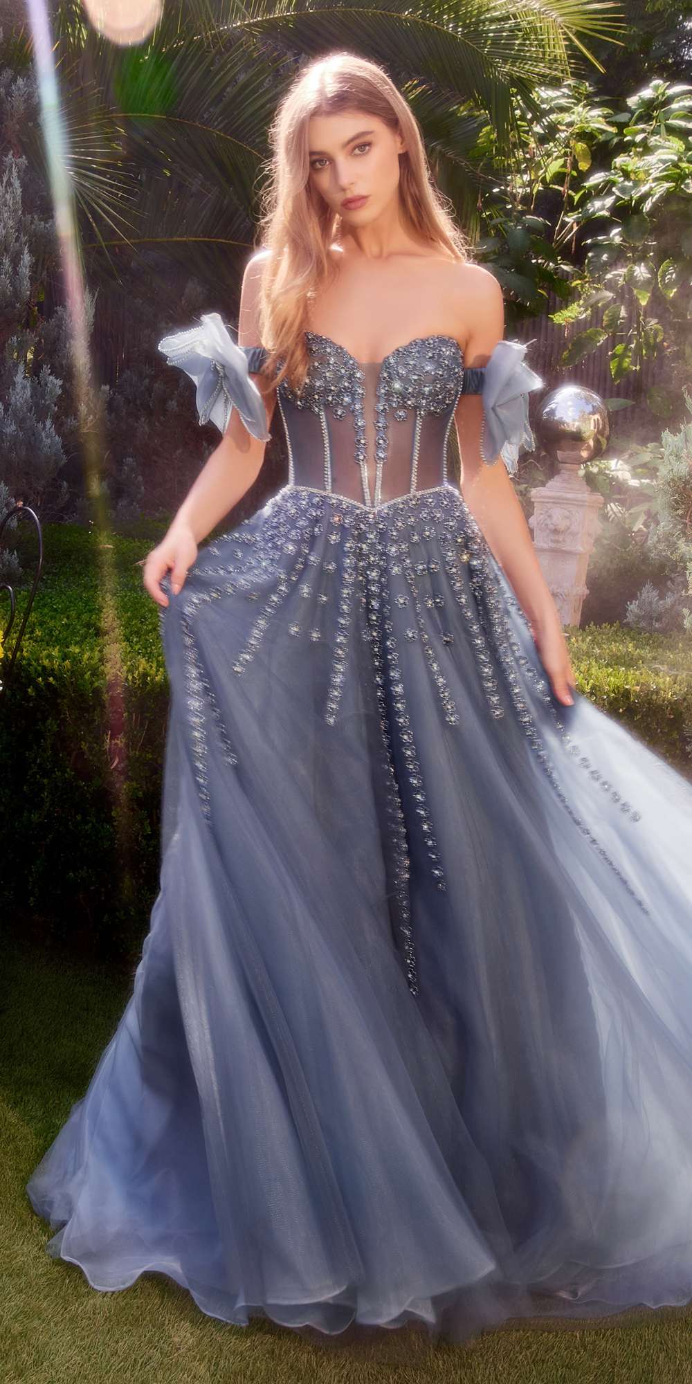 Andrea & Leo A1338 Long Strapless Beaded Gown with Bow Arm Bands by DiscountDressShop