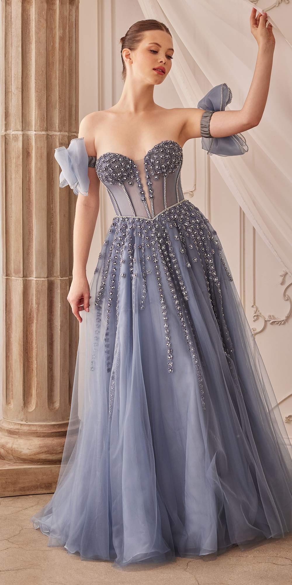 Andrea & Leo A1338 Long Strapless Beaded Gown with Bow Arm Bands by DiscountDressShop