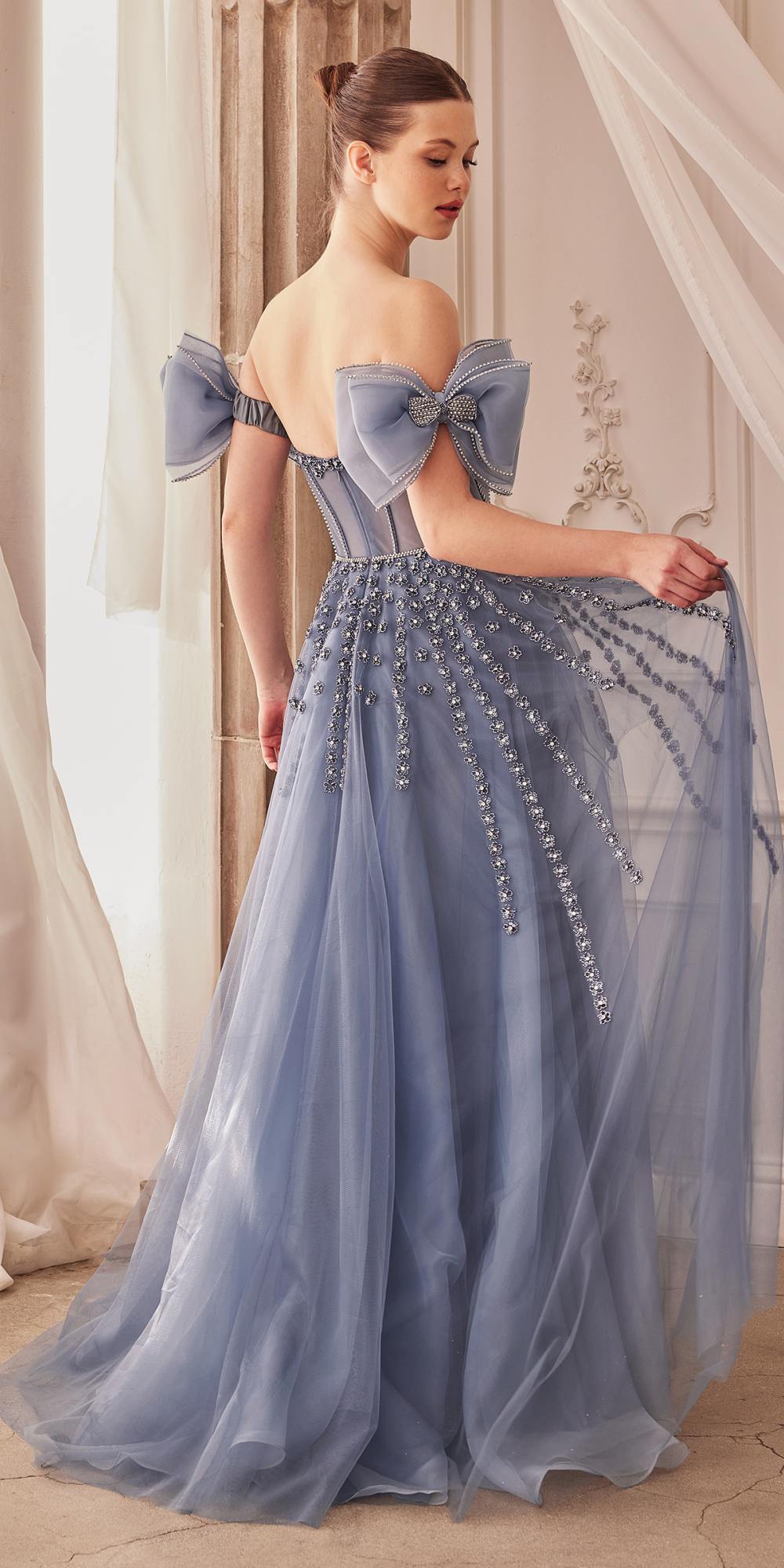 Andrea & Leo A1338 Long Strapless Beaded Gown with Bow Arm Bands by DiscountDressShop