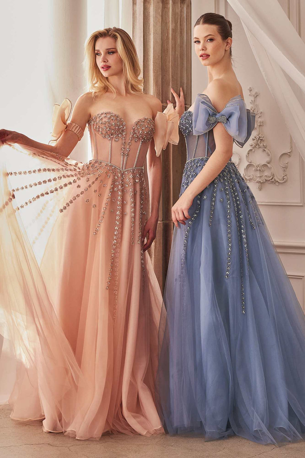 Andrea & Leo A1338 Long Strapless Beaded Gown with Bow Arm Bands by DiscountDressShop
