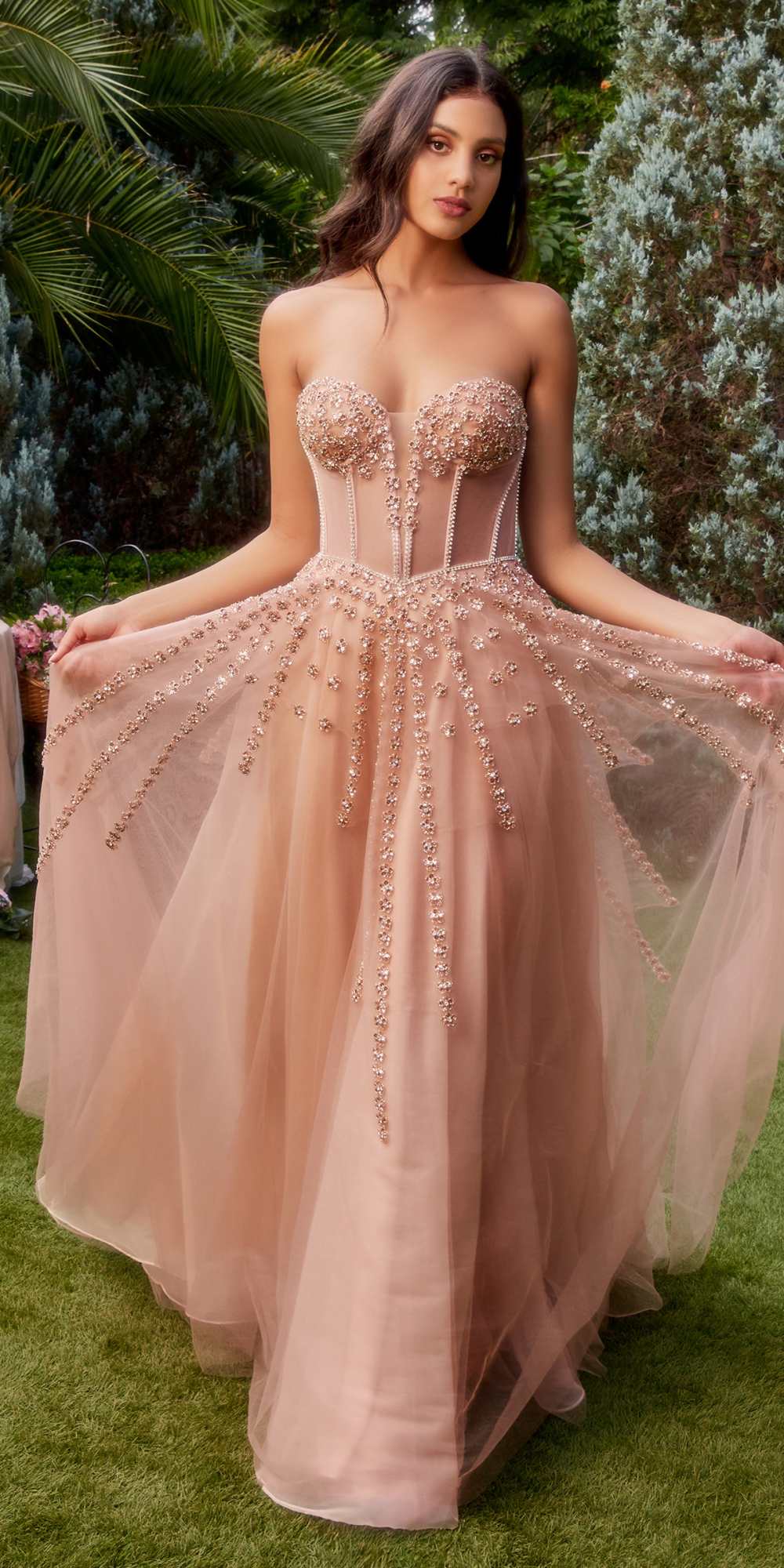 Andrea & Leo A1338 Long Strapless Beaded Gown with Bow Arm Bands by DiscountDressShop