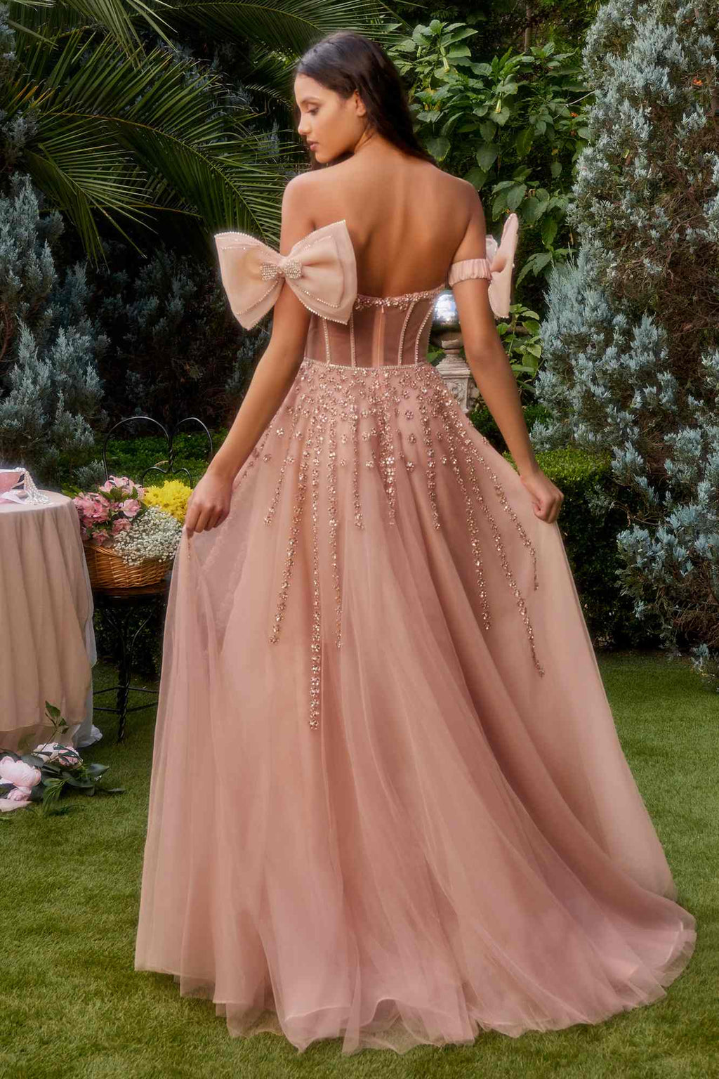 Andrea & Leo A1338 Long Strapless Beaded Gown with Bow Arm Bands by DiscountDressShop