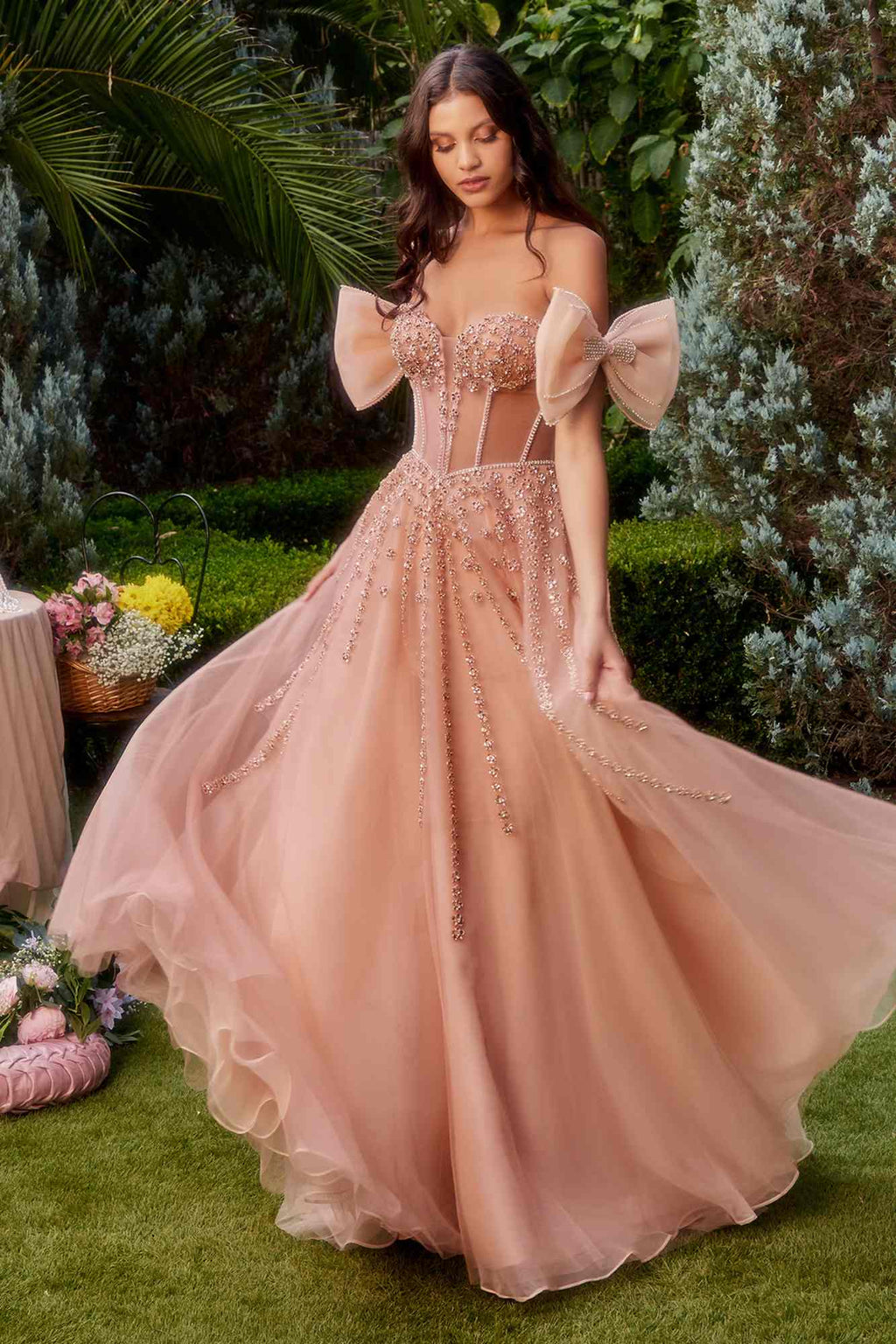Andrea & Leo A1338 Long Strapless Beaded Gown with Bow Arm Bands by DiscountDressShop