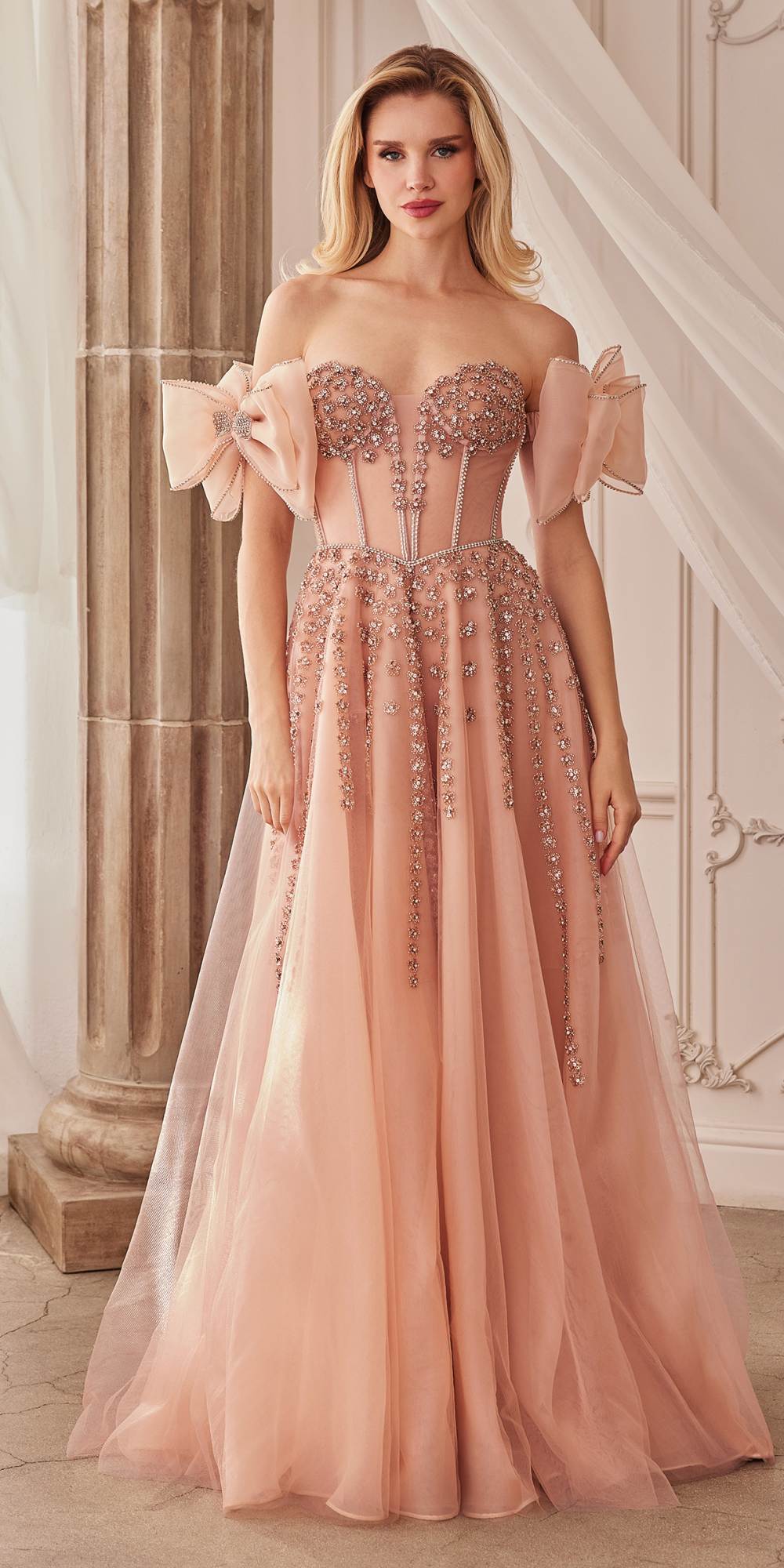 Andrea & Leo A1338 Long Strapless Beaded Gown with Bow Arm Bands by DiscountDressShop
