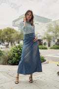 DENIM ROUND POCKET SKIRT by profile-nyc