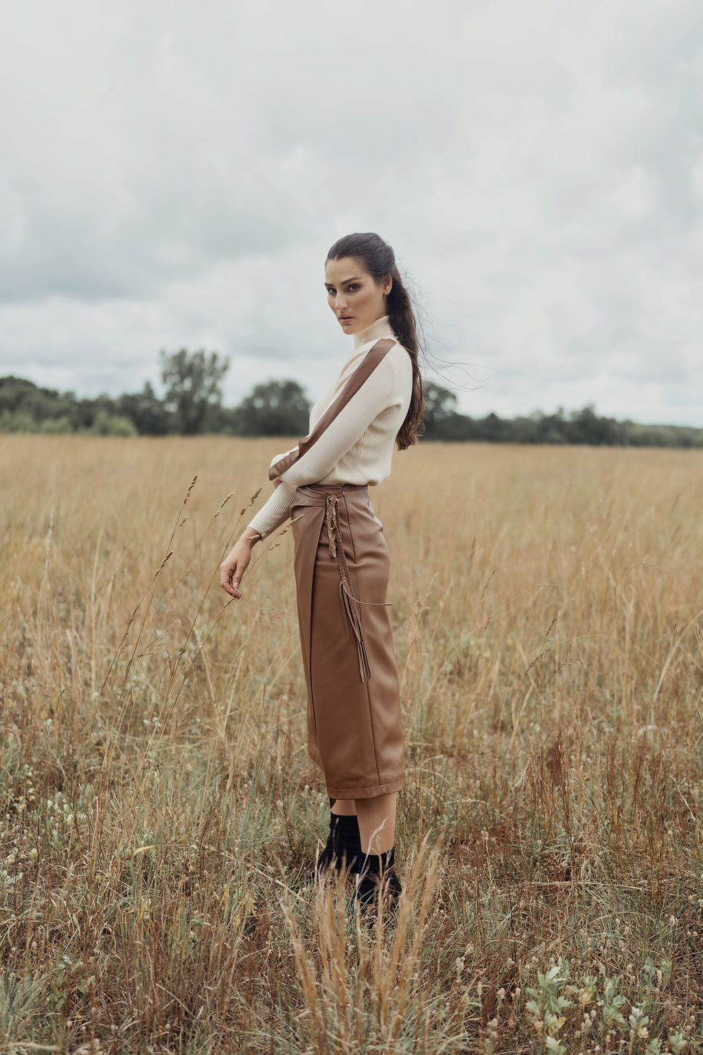 LEATHER FAUX WRAP SKIRT by profile-nyc