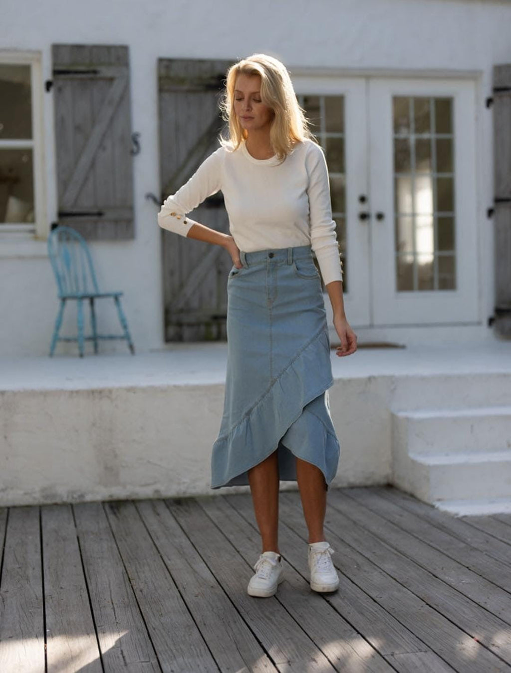 DENIM SKIRT WITH RUFFLE DETAIL by profile-nyc