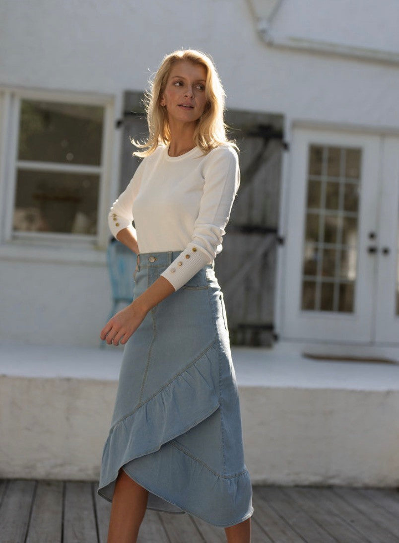 DENIM SKIRT WITH RUFFLE DETAIL by profile-nyc